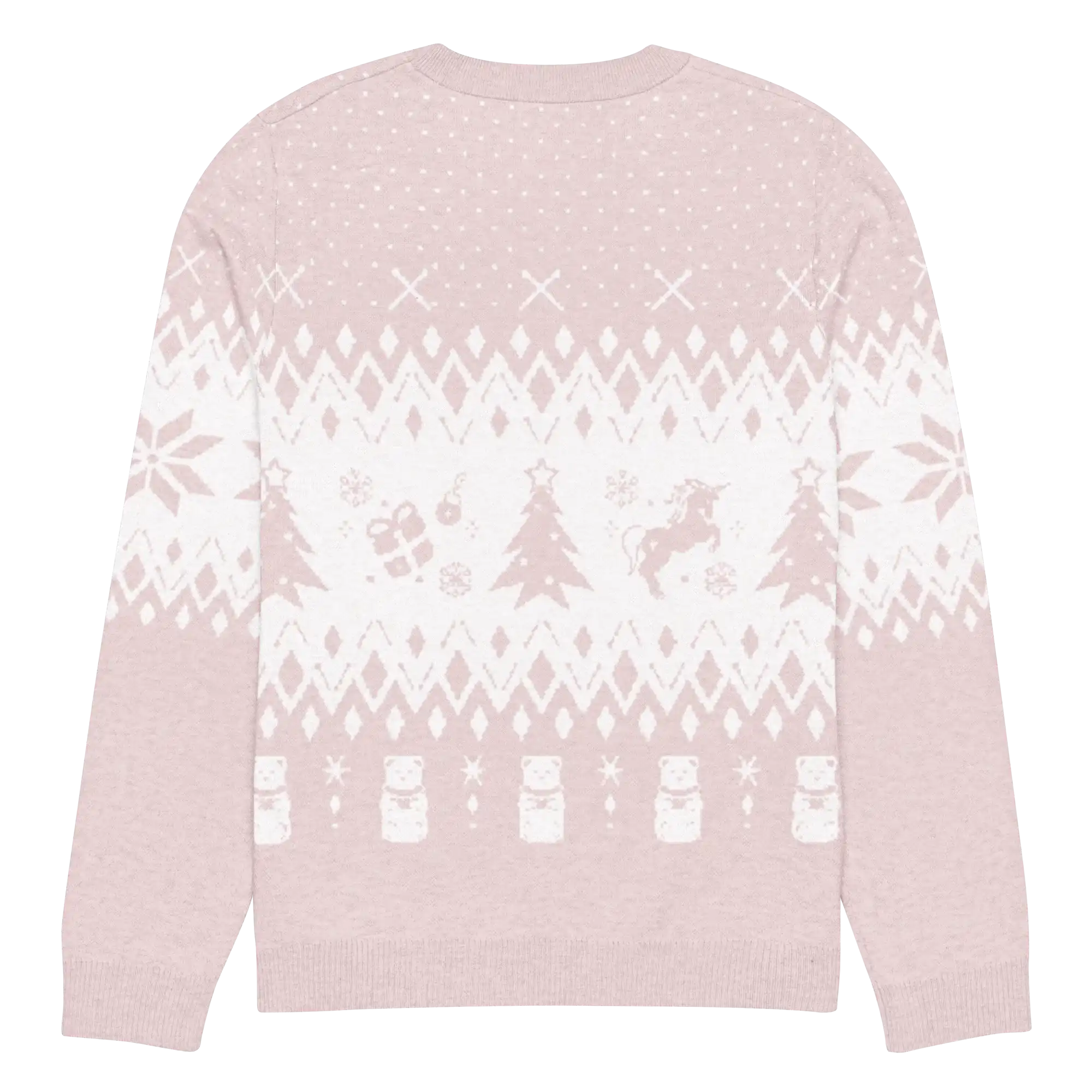 AEMBR classic fit knitted crew neck sweater in pink with white holiday-themed pattern, back view