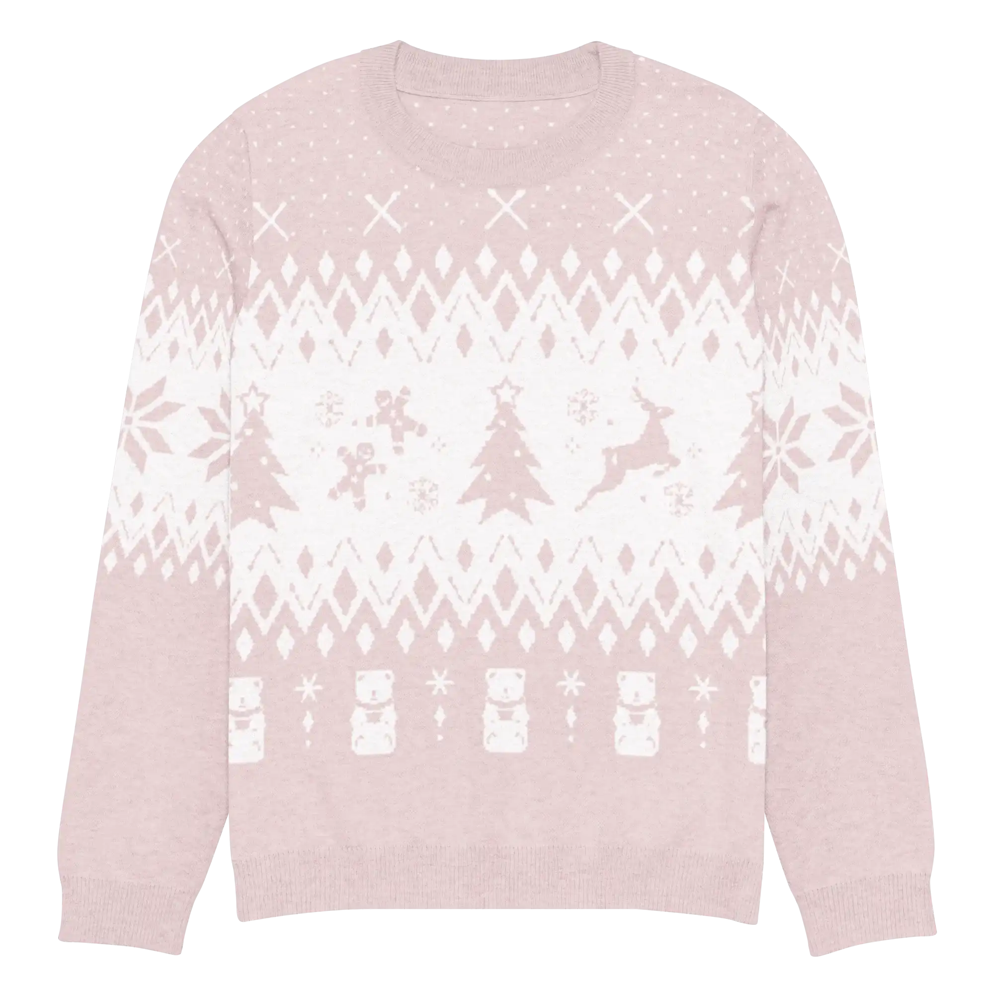 AEMBR classic fit knitted crew neck sweater in pink with white festive holiday pattern