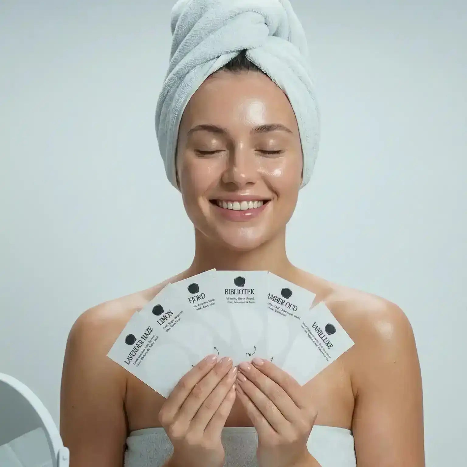 Smiling woman in towel holding AEMBR scent card sample kit for non-toxic home fragrances