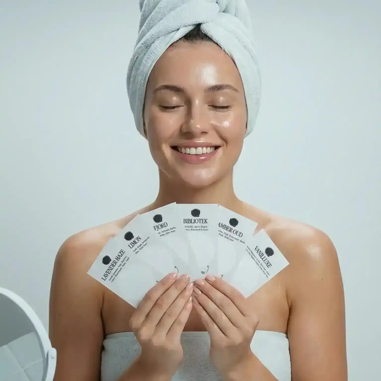 Smiling woman with towel holds AEMBR scent card sample kit, non-toxic fragrance collection
