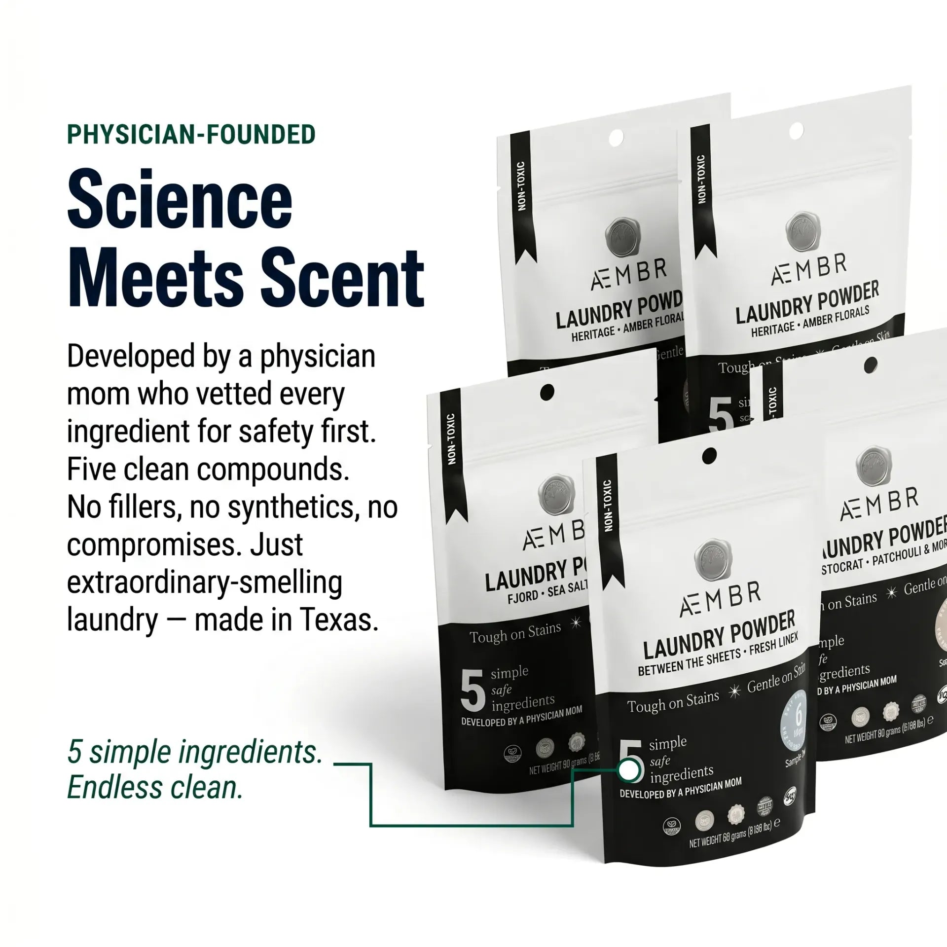 AEMBR laundry powder scent sampler pack showing small bottles of different fragrances for laundry bundles.