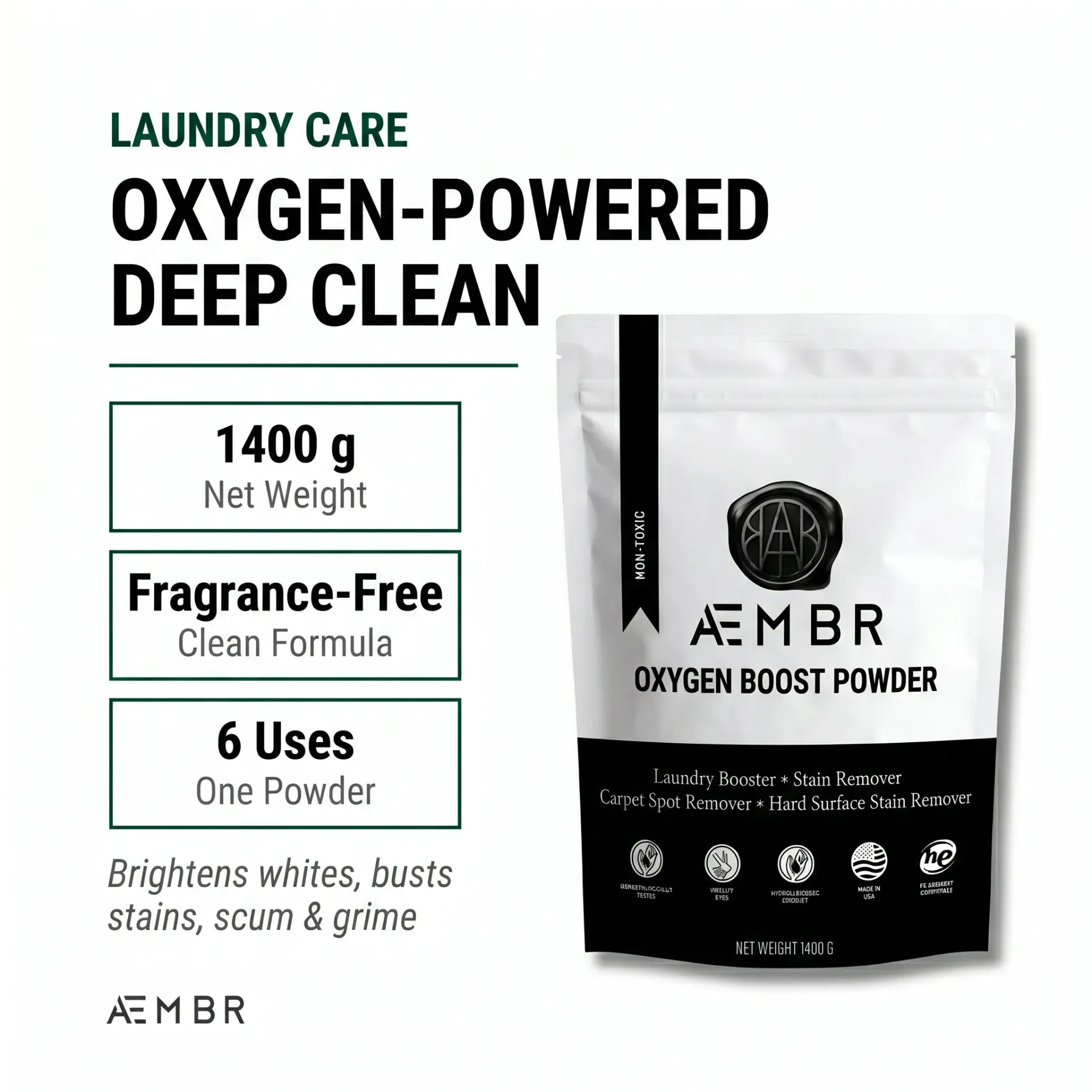 AEMBR Oxygen Boost — oxygen-powered deep clean, 1400g net weight, fragrance-free formula, 6 uses, non-toxic laundry care