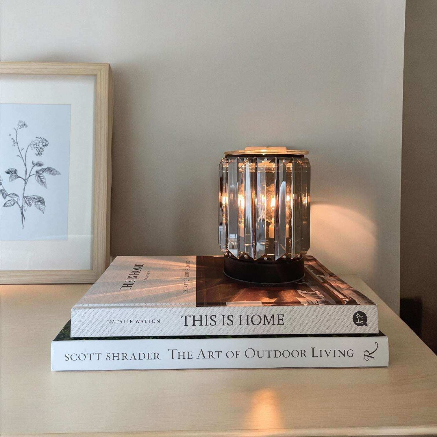 AEMBR crystal wax warmer on bedside table with books and botanical art