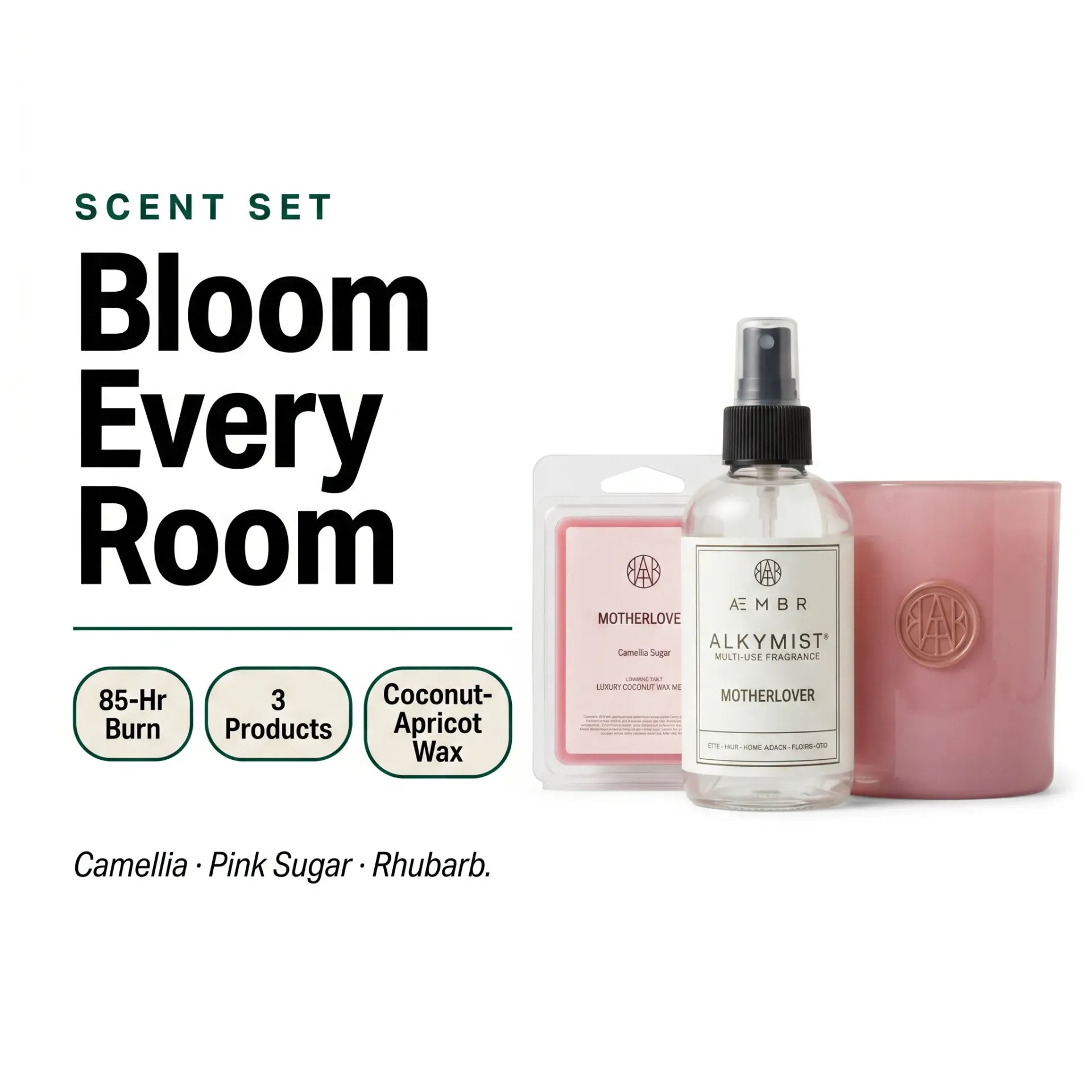 Motherlover Scent Set by AEMBR — Candle, Room Spray & Wax Melts — Bloom Every Room — 85-Hr Burn, 3 Products, Coconut-Apricot Wax — Camellia, Pink Sugar, Rhubarb