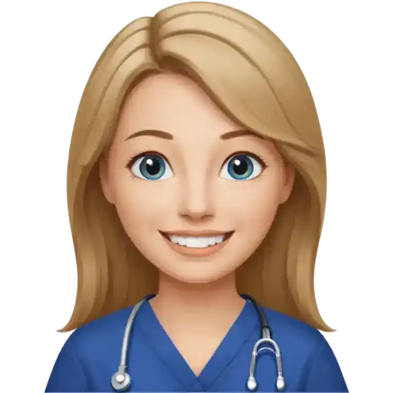Smiling woman emoji with blonde hair, blue eyes, wearing navy blue scrubs and stethoscope