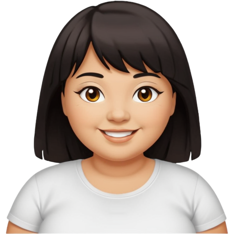 Smiling woman emoji with tan skin, long dark hair, brown eyes, and white t-shirt