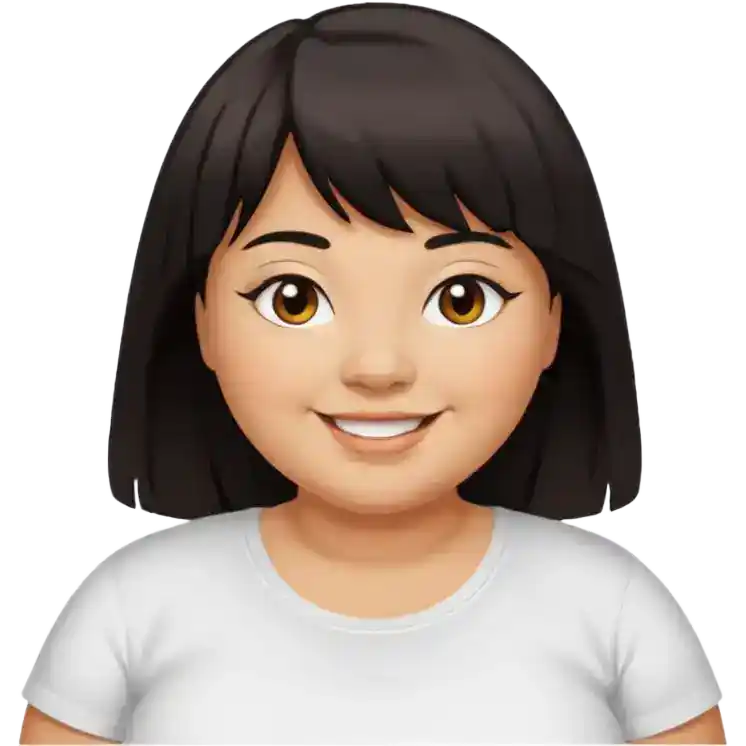 Smiling woman emoji with tan skin, long dark hair, brown eyes, and white t-shirt