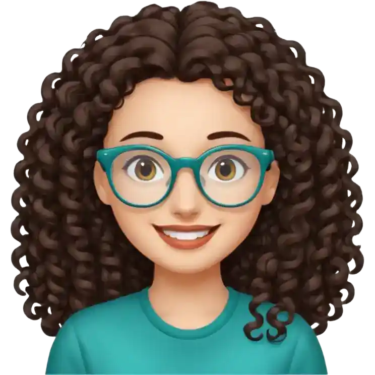 cartoon woman with curly dark brown hair, teal glasses, teal shirt, smiling avatar