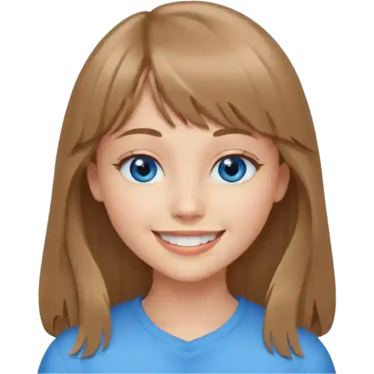 young female emoji with heart-shaped face, blue eyes, light brown long hair, smiling
