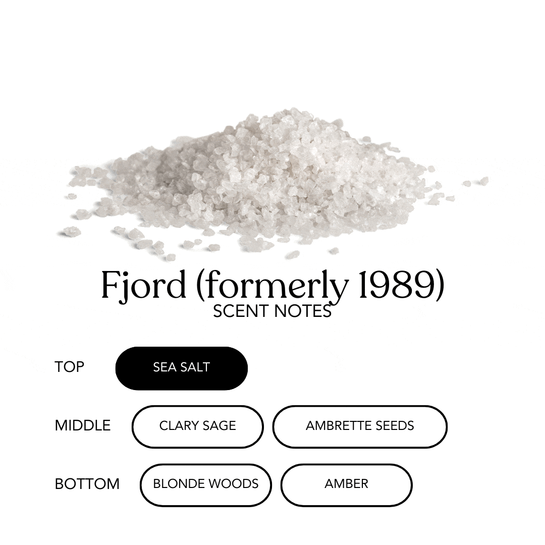 AEMBR Fjord scent notes graphic showing sea salt, clary sage, ambrette seeds, blonde woods, amber.