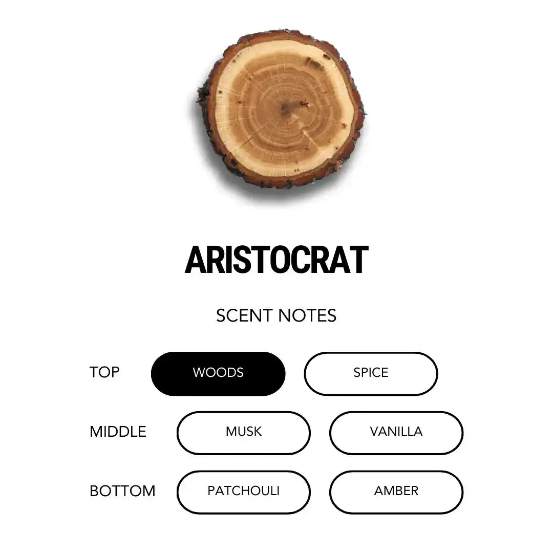Non-toxic Aristocrat candle scent notes, featuring woods, spice, musk, vanilla, patchouli, amber.