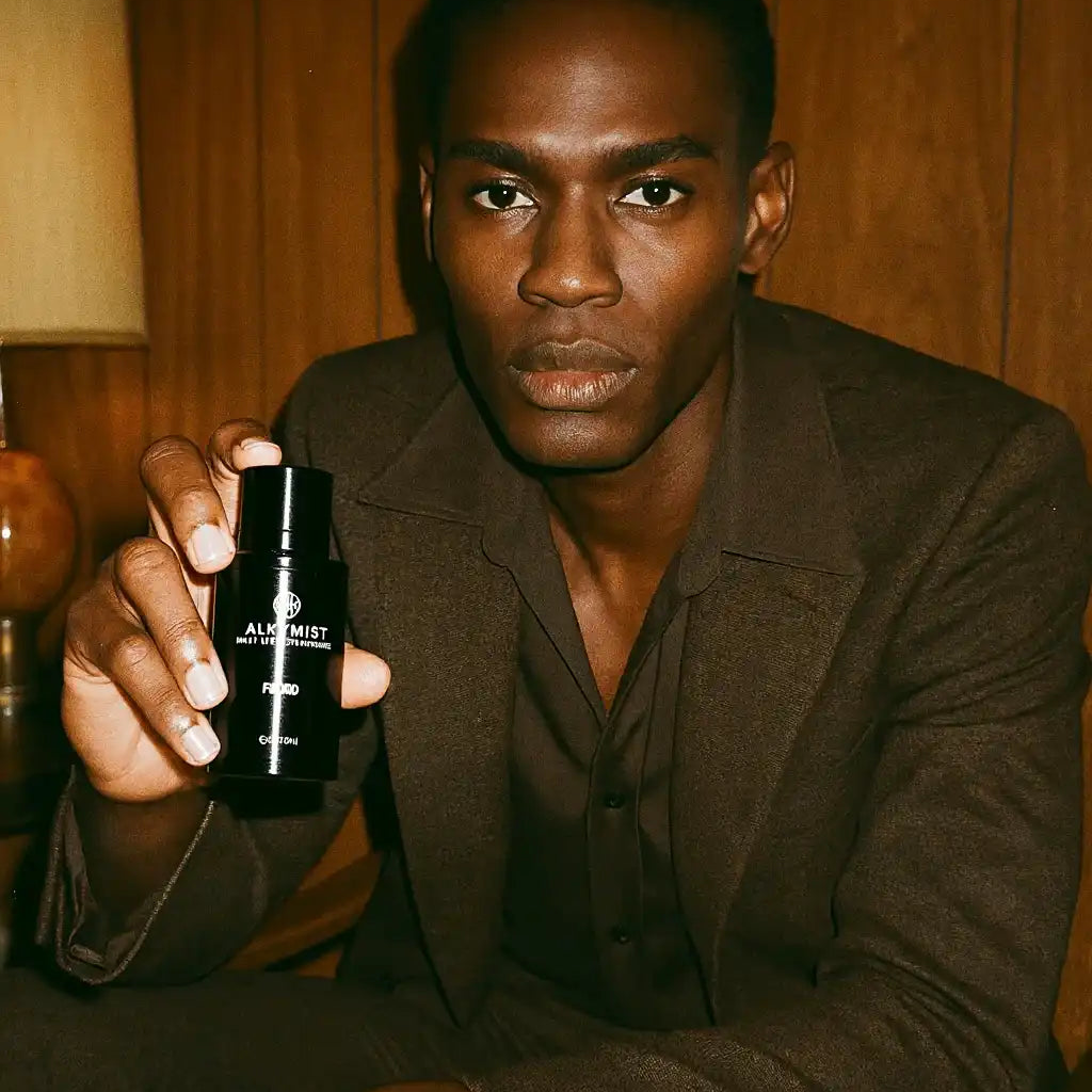 Man in brown suit holding AEMBR branded black spray bottle, seated indoors with wood panel wall.