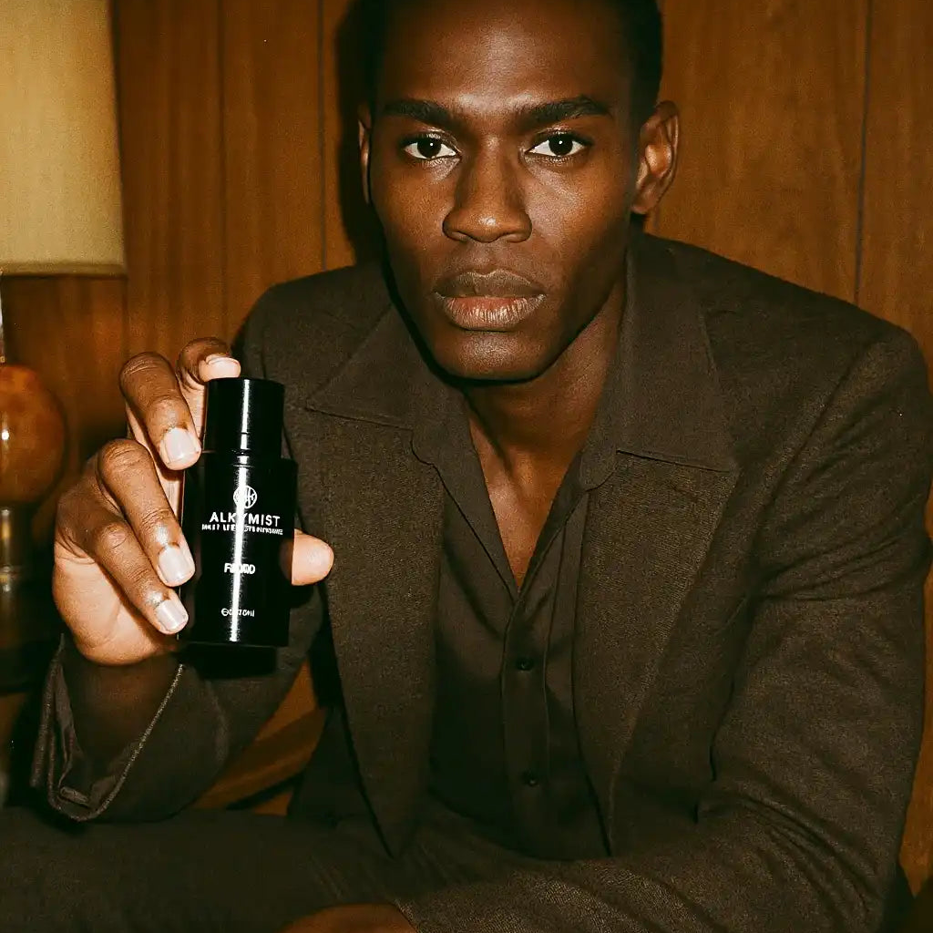 Man in brown suit holding AEMBR non-toxic product, vintage wood-paneled home setting.