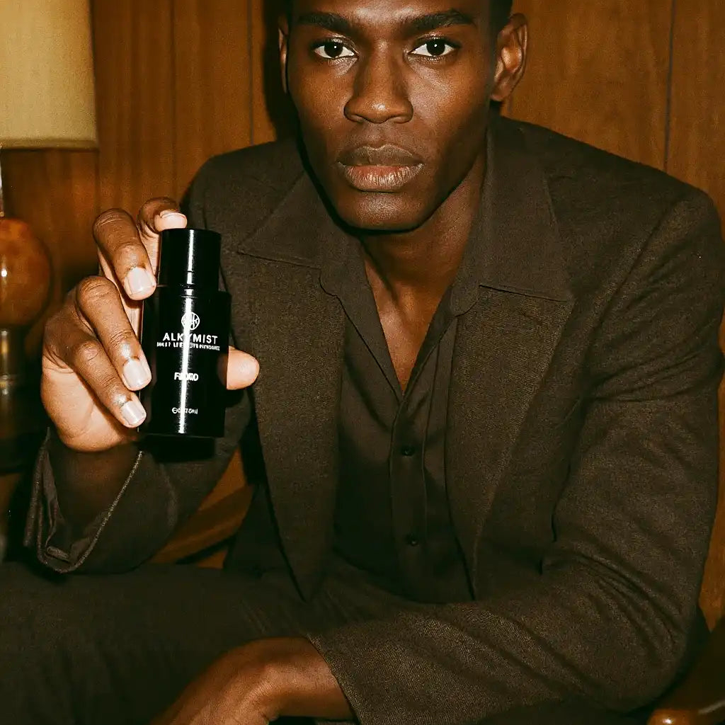 Man in brown suit holding AEMBR non-toxic product bottle, seated in modern wood interior