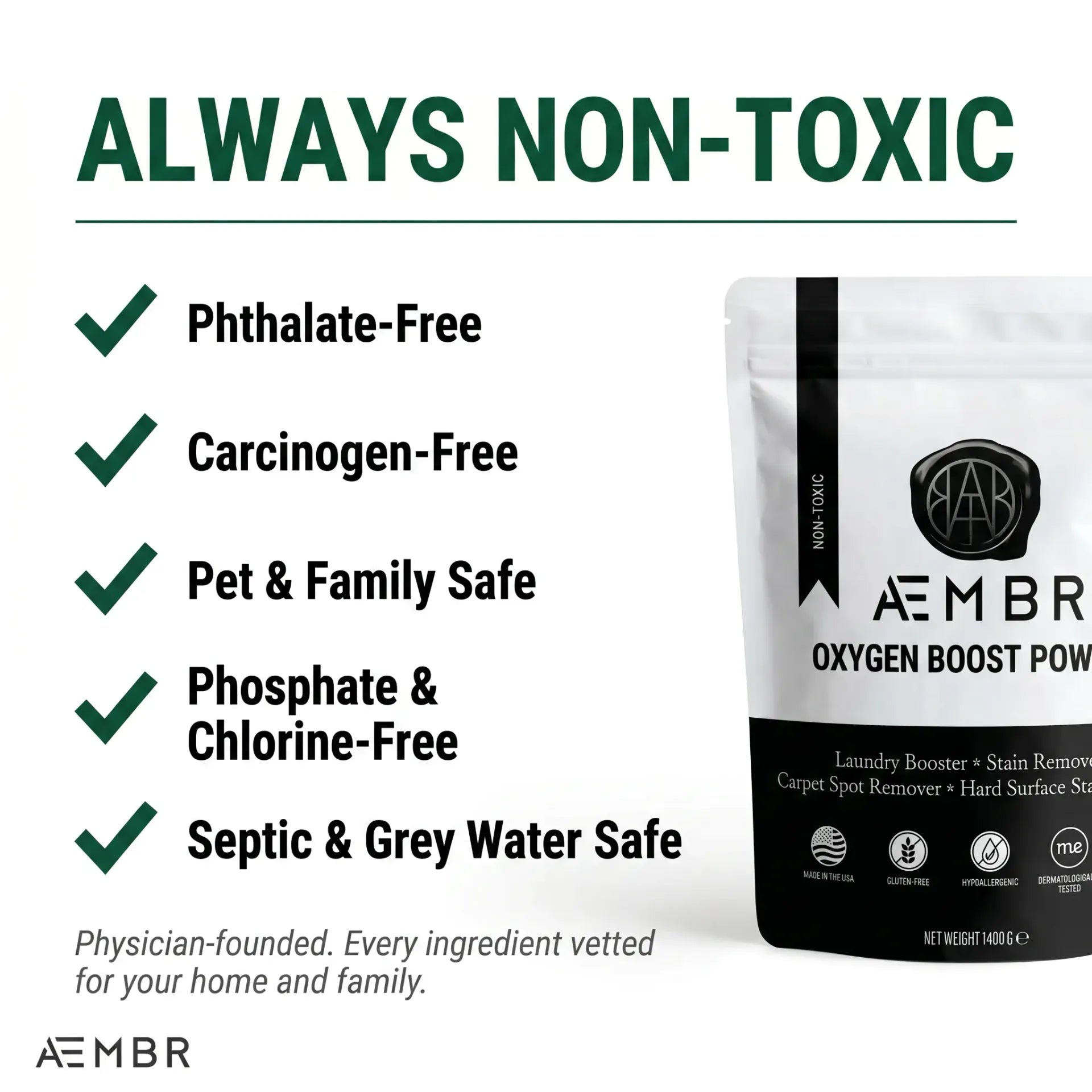 AEMBR Oxygen Boost — phthalate-free, carcinogen-free, pet and family safe, phosphate and chlorine-free, septic safe, physician-founded non-toxic laundry