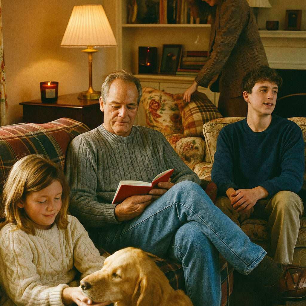 Family relaxing in cozy living room with dog, candles, and books, AEMBR autumn home scene