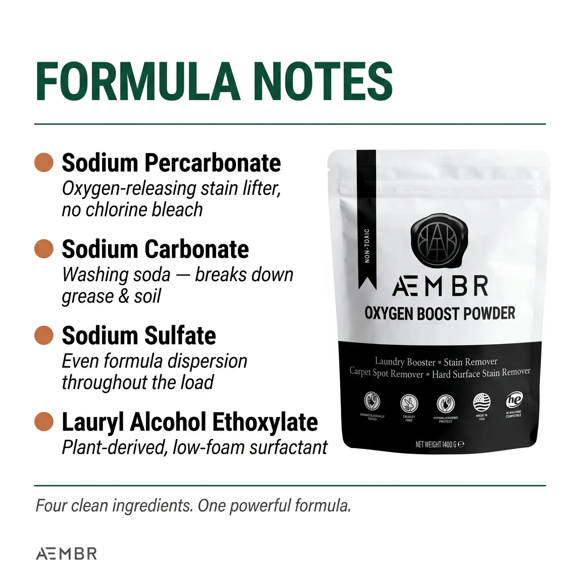 AEMBR Oxygen Boost formula notes: Sodium Percarbonate, Sodium Carbonate, Sodium Sulfate, Lauryl Alcohol Ethoxylate — fragrance-free non-toxic laundry powder
