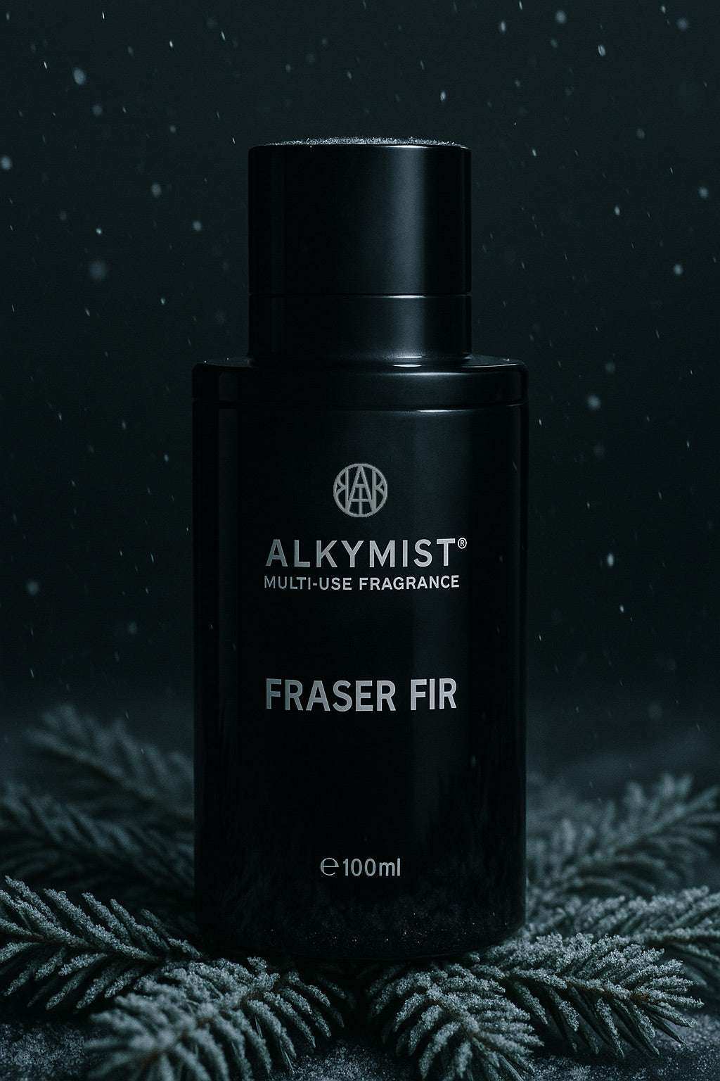 AEMBR ALKYMIST Fraser Fir multi-use fragrance bottle on frosted pine branches
