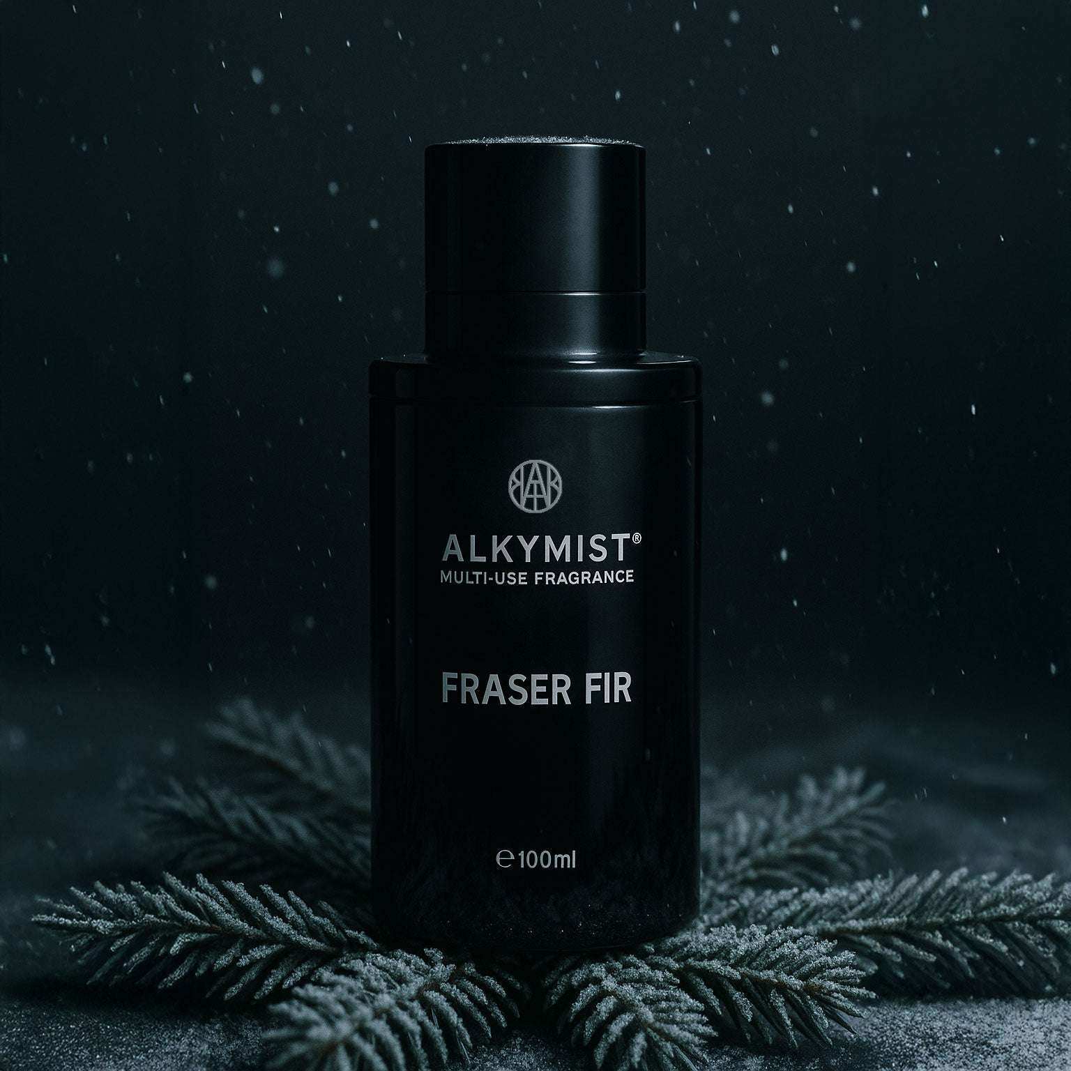 AEMBR ALKYMIST Fraser Fir multi-use fragrance bottle on fir branches with snow