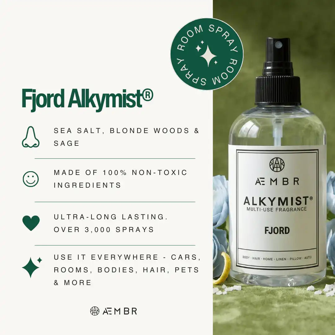 AEMBR Alkymist Fjord non-toxic room spray bottle with sea salt, woods, and sage scent