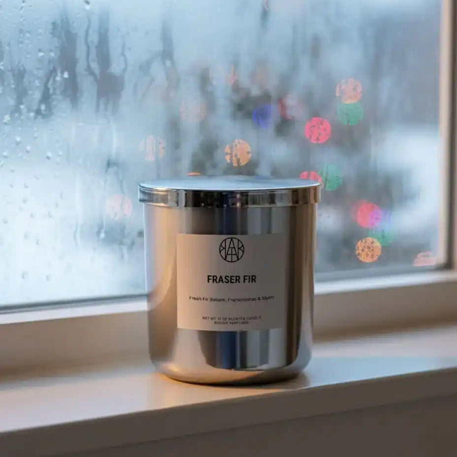AEMBR Fraser Fir silver candle on a windowsill with rainy window and blurred festive lights