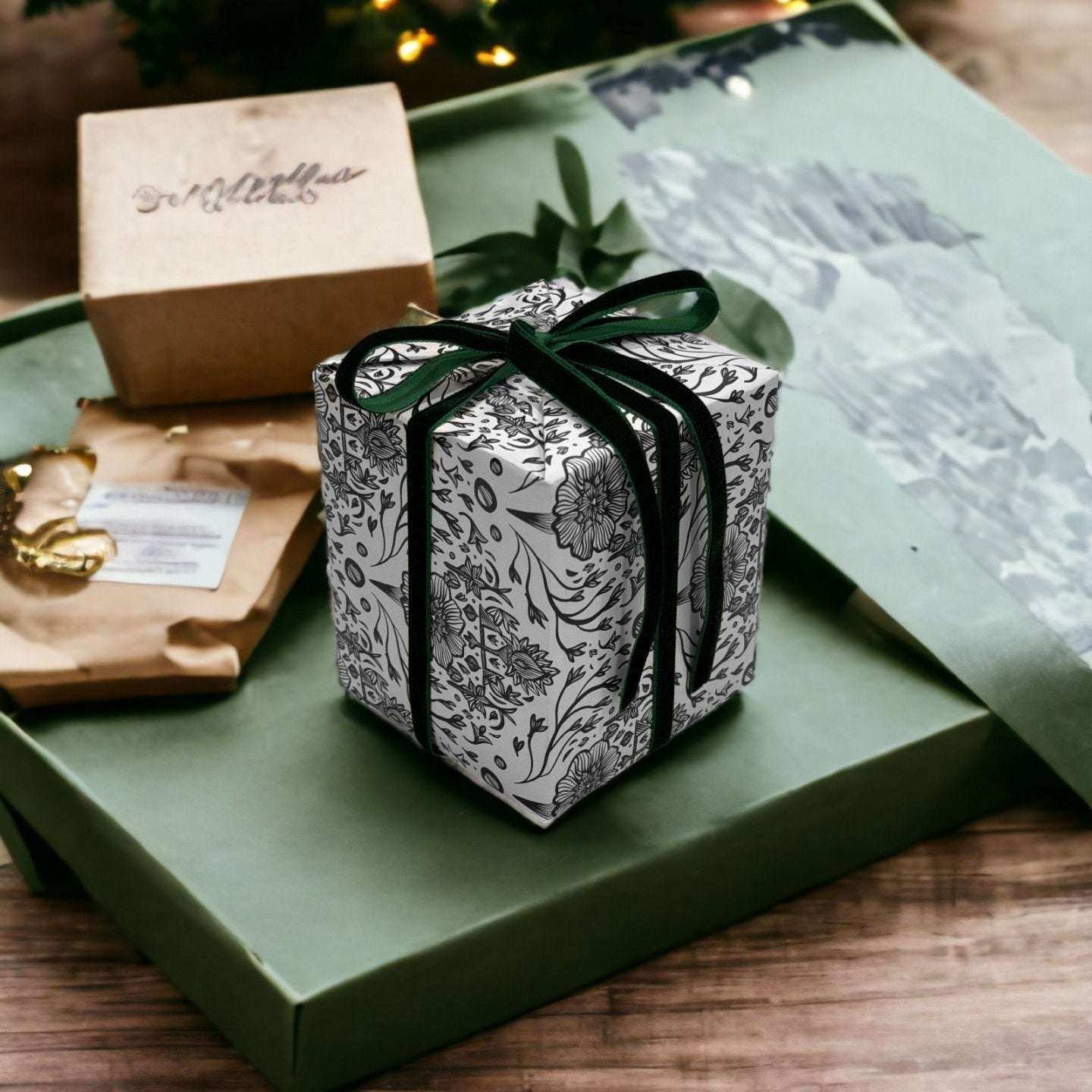 AEMBR floral gift box with green ribbon on green wrapping paper, perfect for holiday gifting.