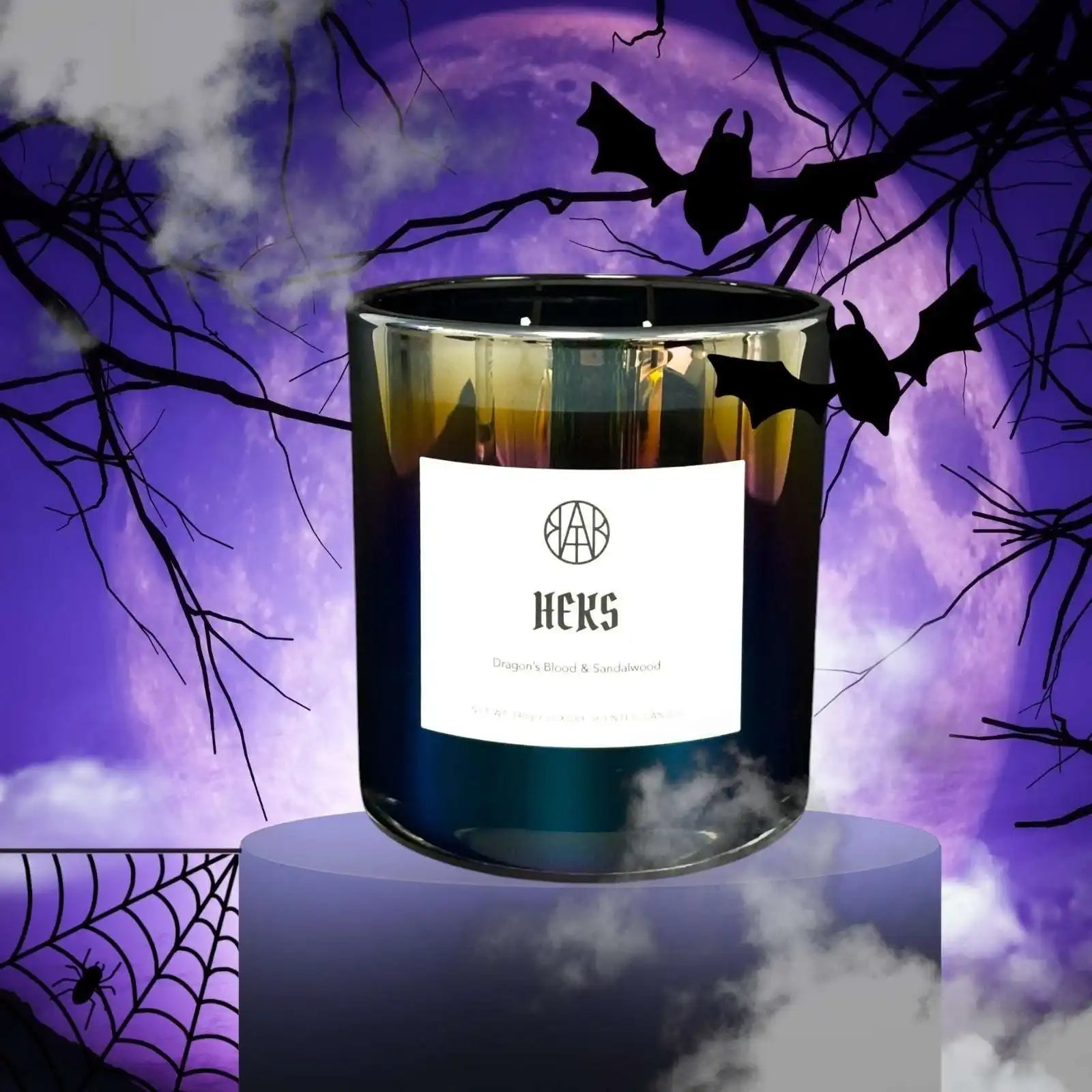 AEMBR HEKS candle with Dragon’s Blood & Sandalwood, Halloween bats, spider web, purple moon