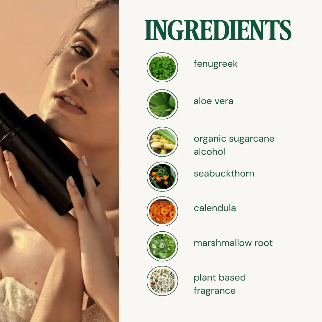 AEMBR natural skincare ingredients list with woman holding black bottle, featuring fenugreek, aloe vera, organic sugarcane alcohol, seabuckthorn, calendula, marshmallow root, and plant-based fragrance.