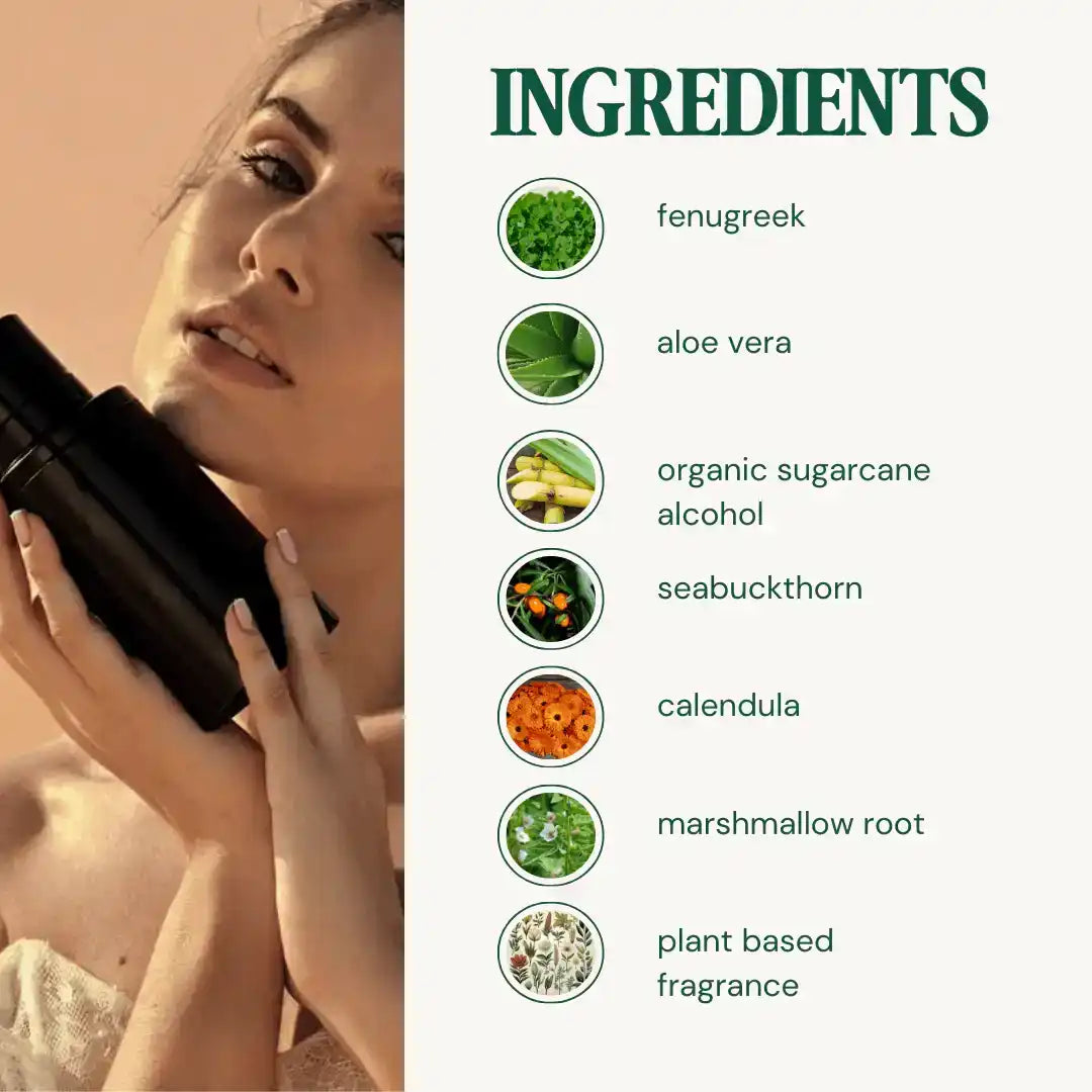 Woman holding black bottle next to ingredient list for non-toxic product with aloe vera, fenugreek, calendula.