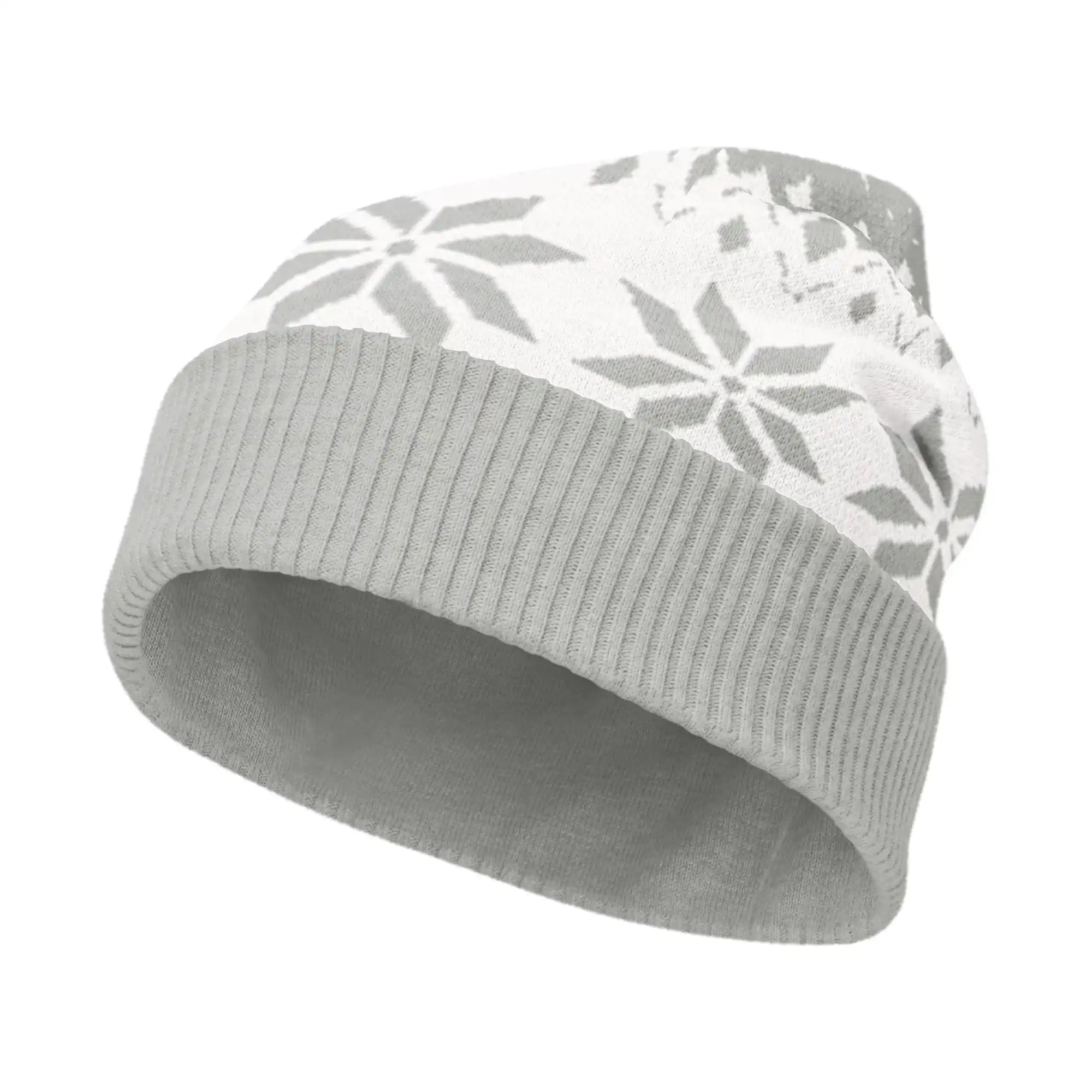 AEMBR knitted beanie with light gray snowflake pattern and cuff, winter accessory