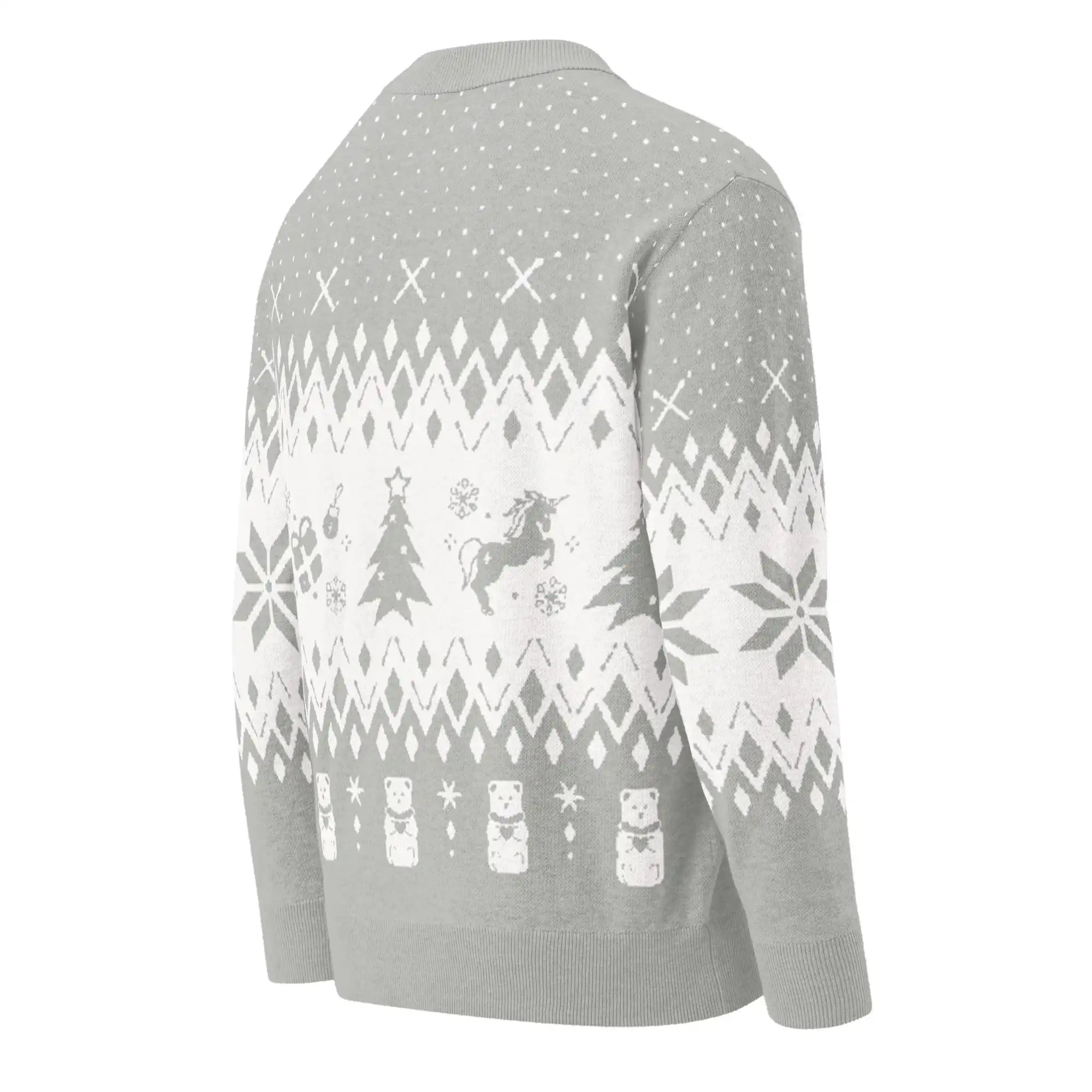 AEMBR grey and white knitted cardigan with festive holiday patterns including trees, unicorn, bears, and snowflakes