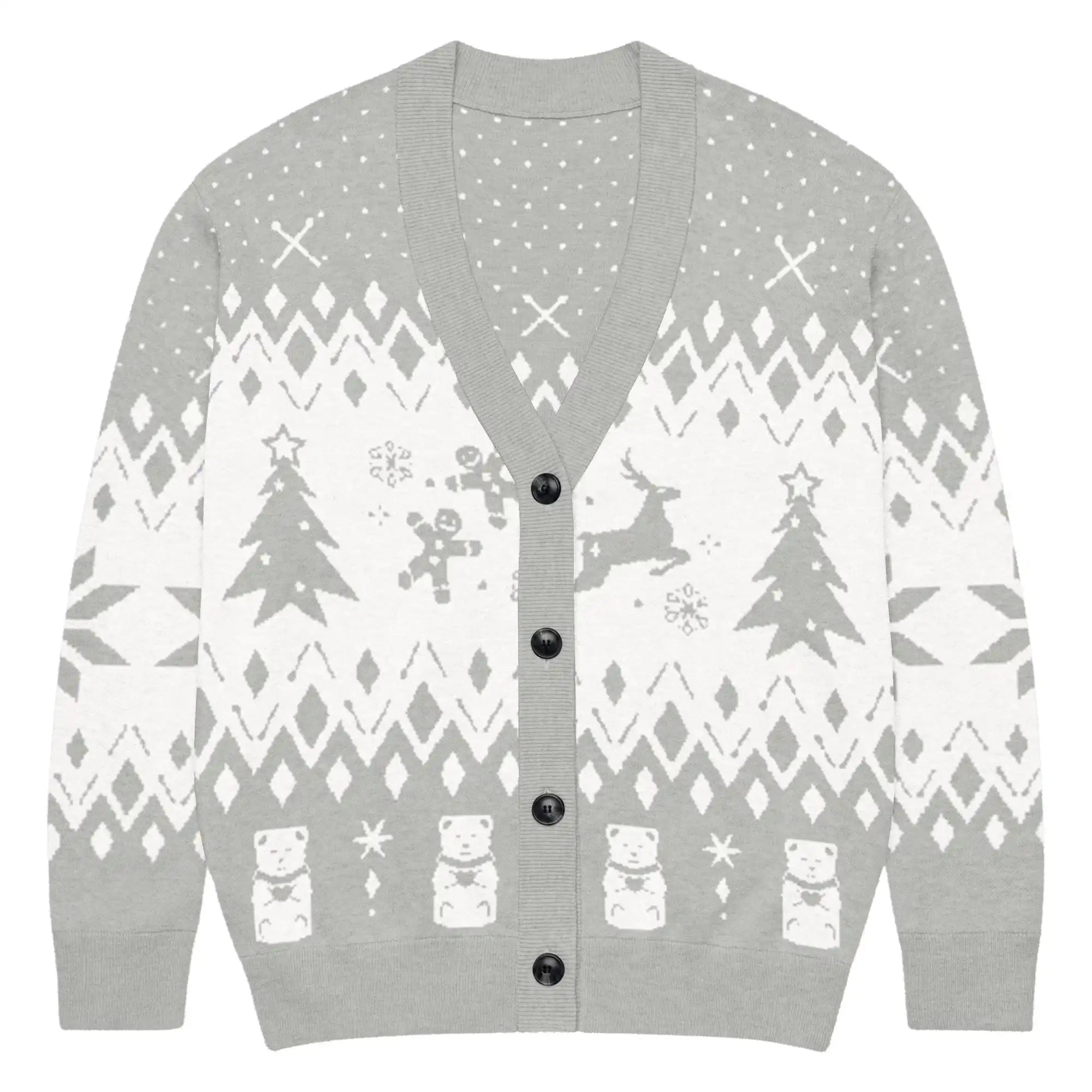 AEMBR grey and white holiday cardigan with Christmas trees, reindeer, gingerbread men, and button front