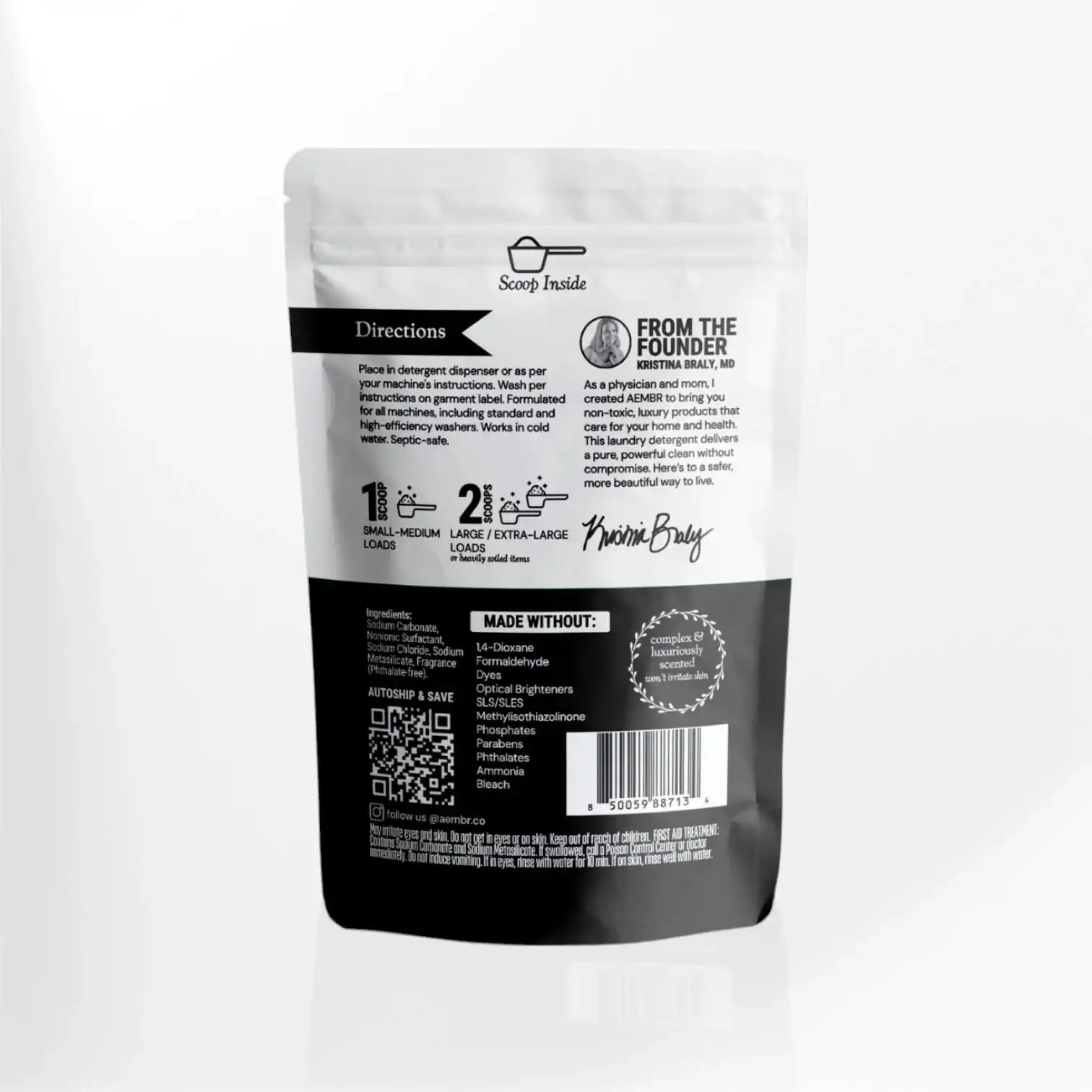 Back of AEMBR laundry powder bag showing non-toxic, fragrance-free detergent ingredients and usage instructions