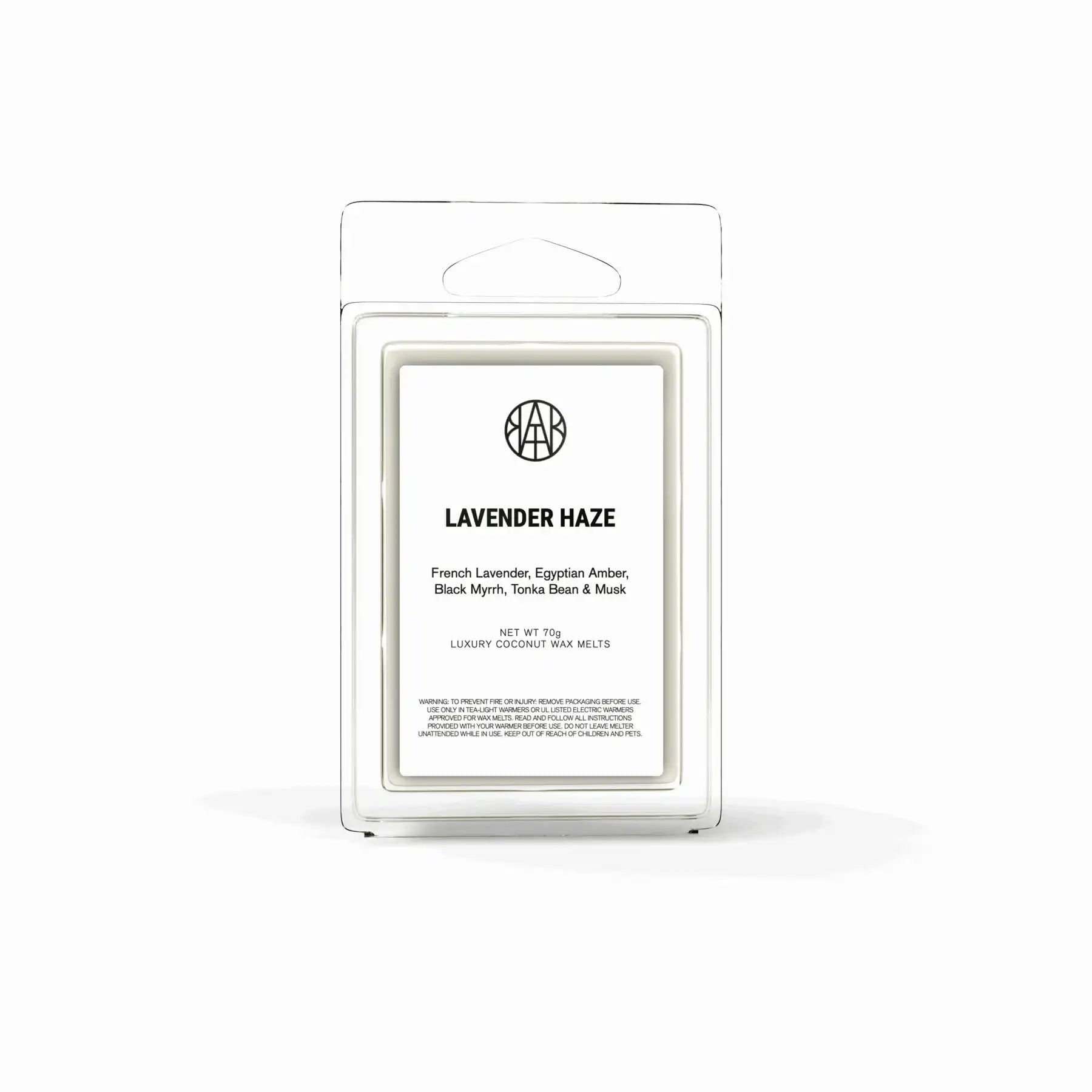 AEMBR Lavender Haze coconut wax melt in clear plastic clamshell packaging, minimalist label.