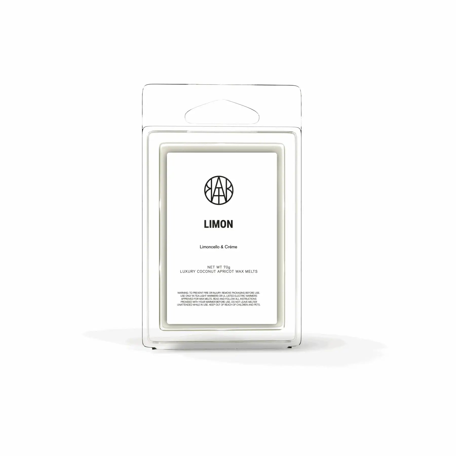AEMBR Limon luxury coconut apricot wax melts in clear packaging, minimal white label