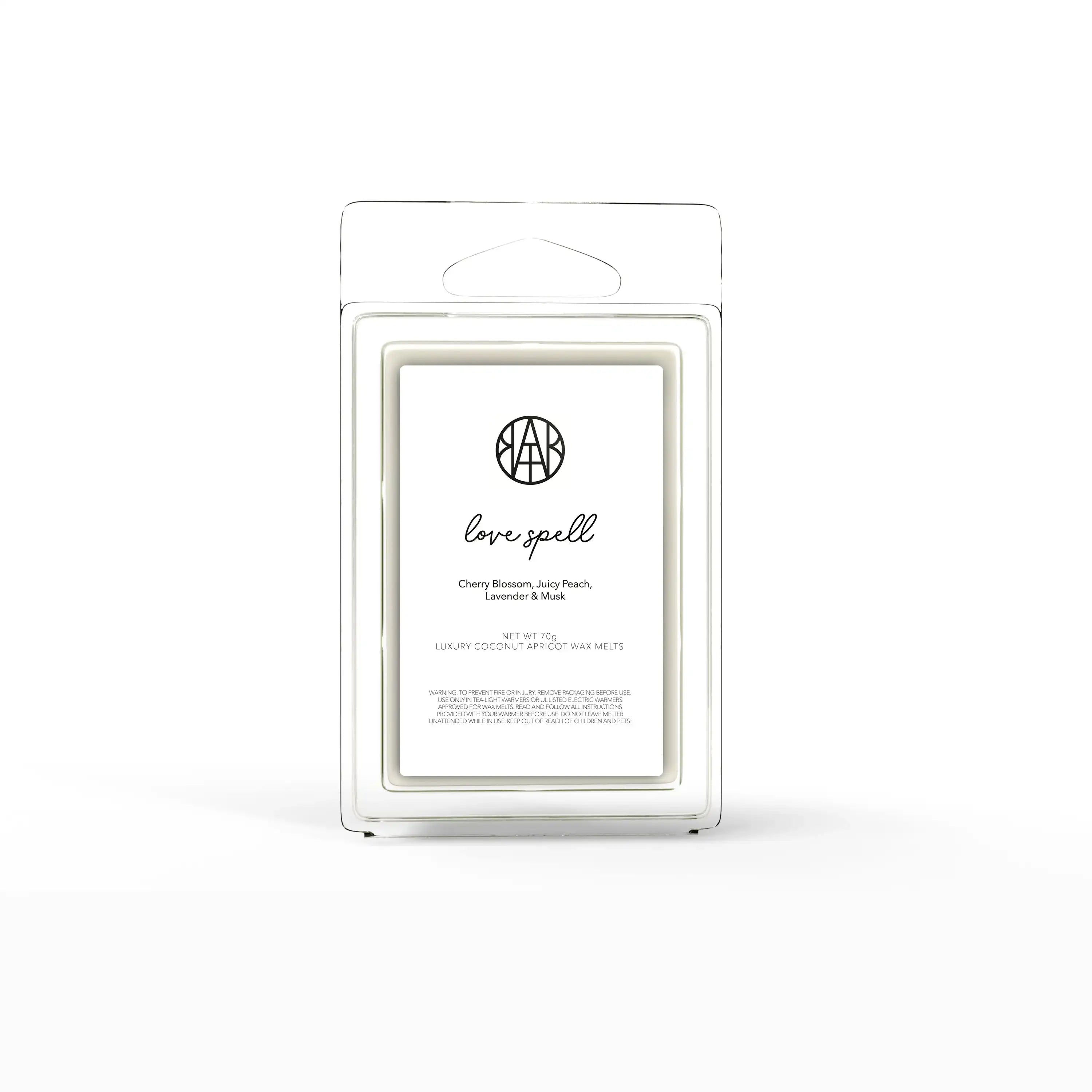 AEMBR Love Spell wax melt clamshell, white label, coconut apricot, luxury home fragrance