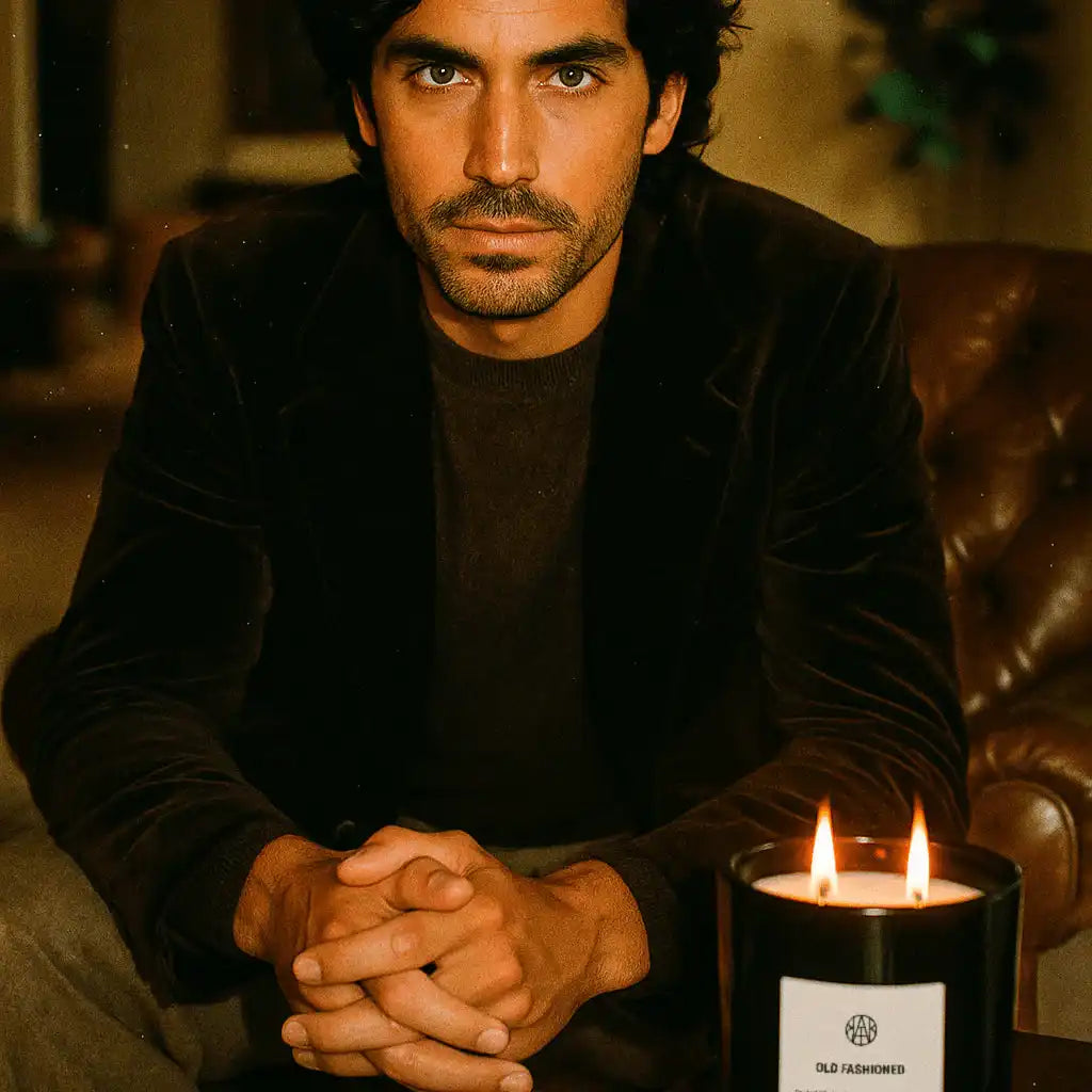 Man in dark blazer seated by AEMBR Old Fashioned candle in cozy home setting