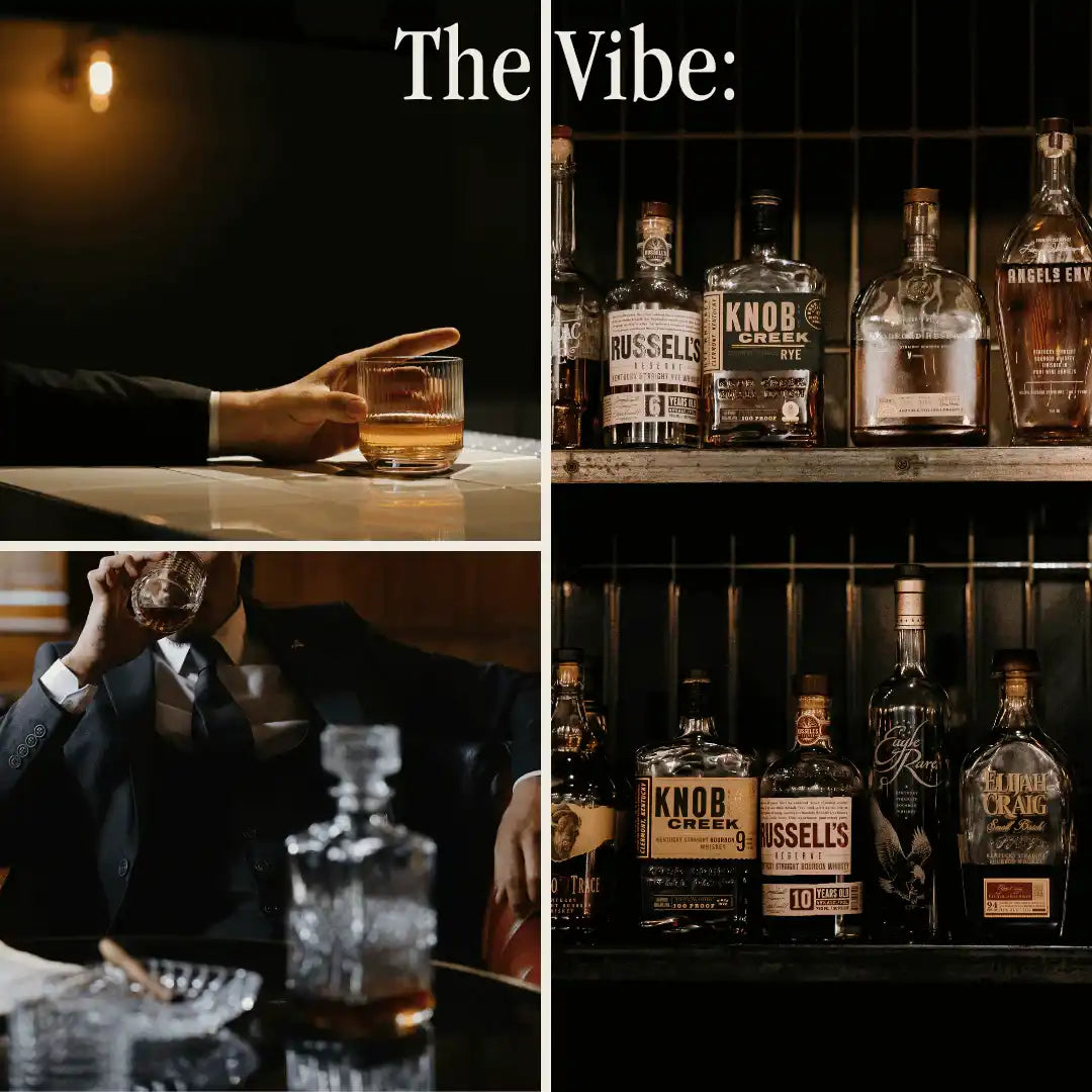 AEMBR old fashioned cocktail vibe with whiskey bottles, glassware, and a suited man at a bar.