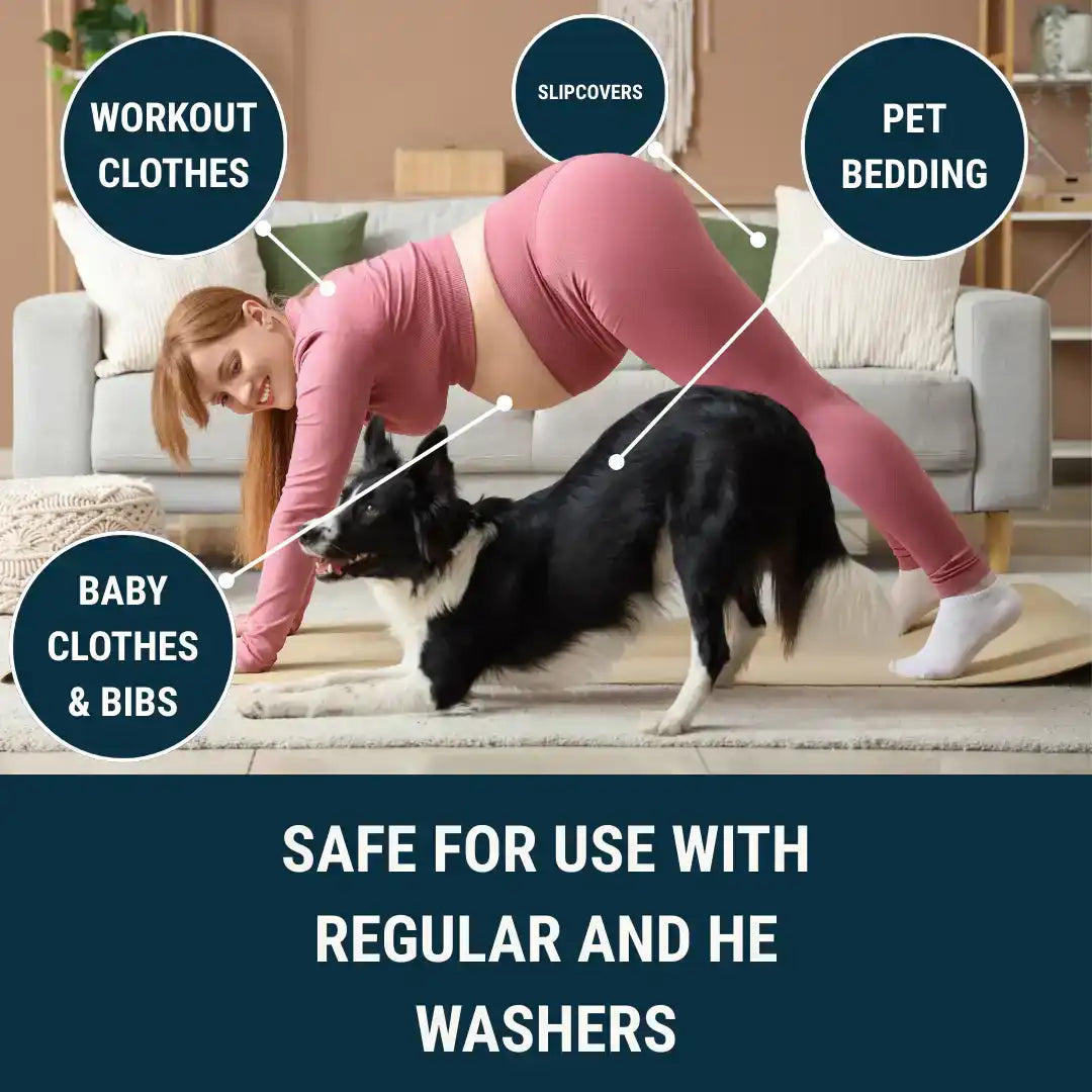 Woman stretching on rug with a black and white dog, text highlights non-toxic laundry detergent safe for workout clothes, slipcovers, pet bedding, baby clothes, and bibs.