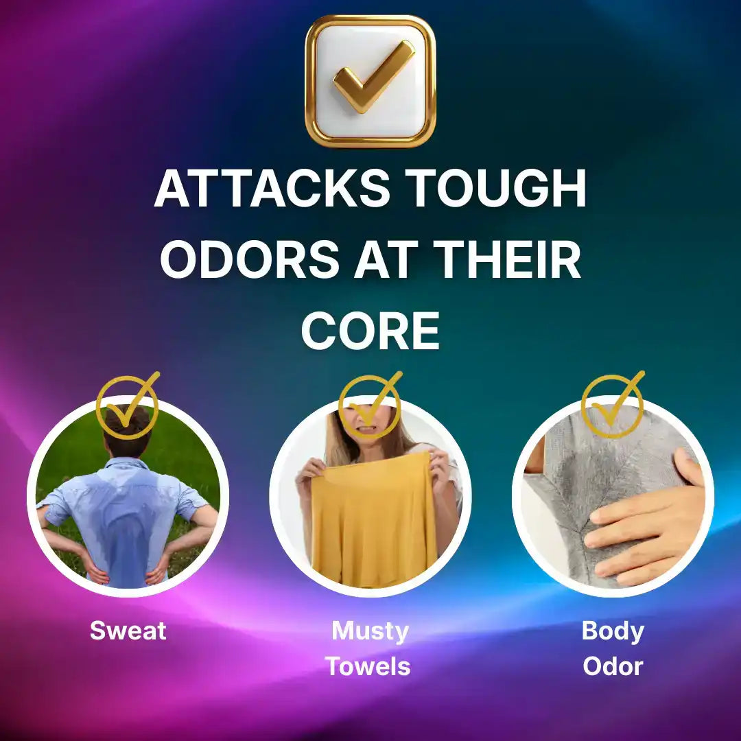 Non-toxic laundry detergent infographic showing removal of sweat, musty towel, and body odor