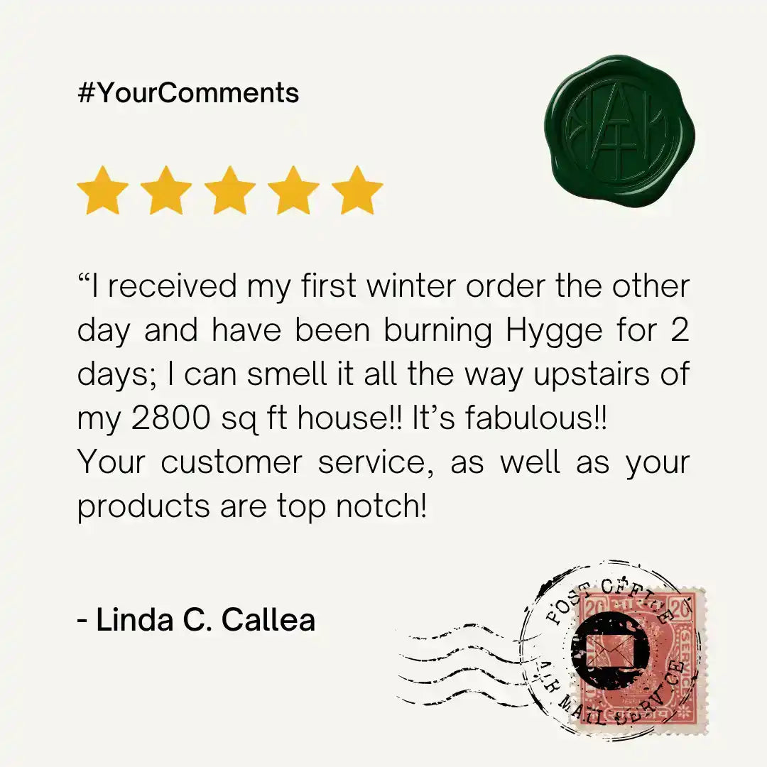 AEMBR customer review image with five stars, stamped seal, testimonial text, and vintage postage.