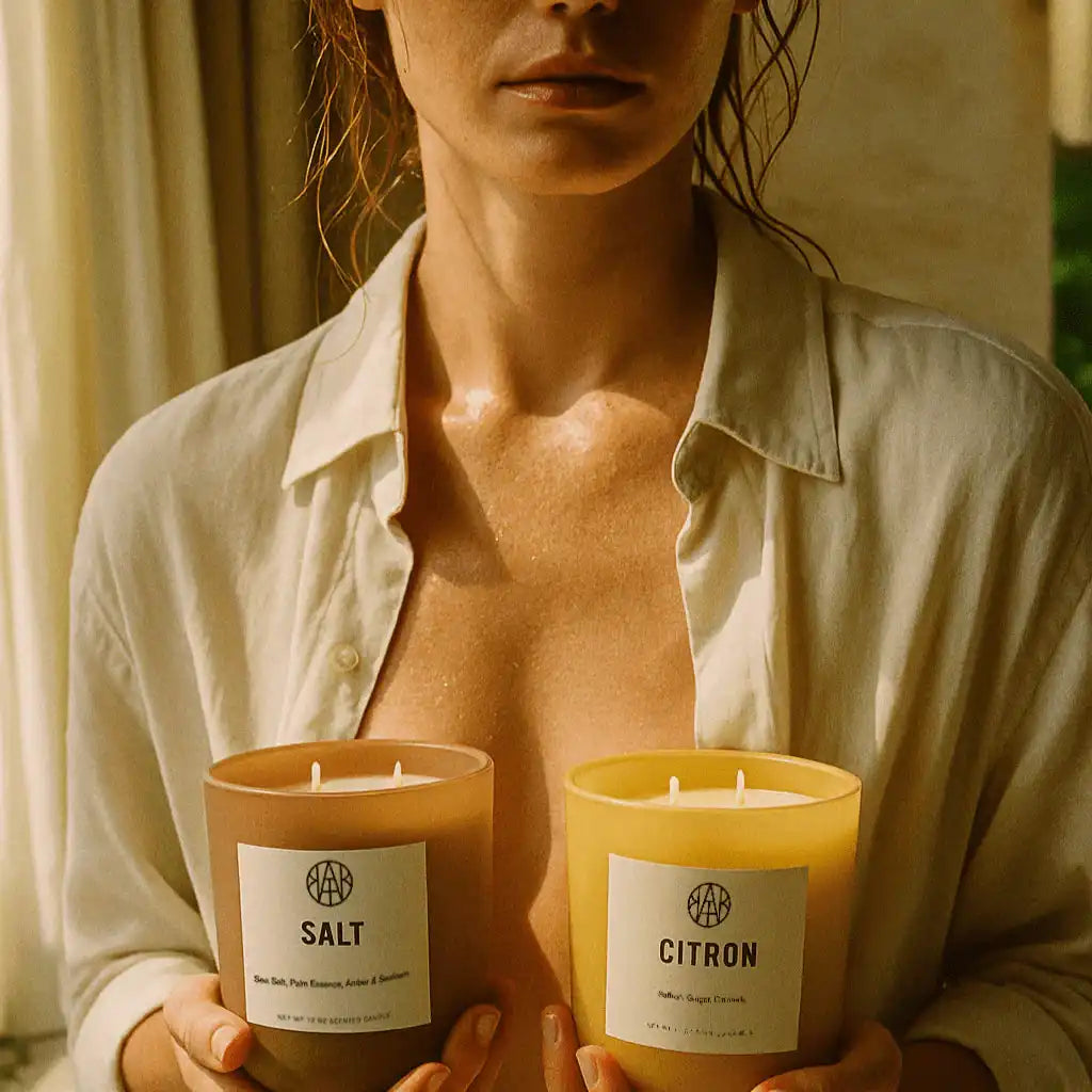 Woman in open shirt holding AEMBR Salt and Citron natural candles in soft sunlight