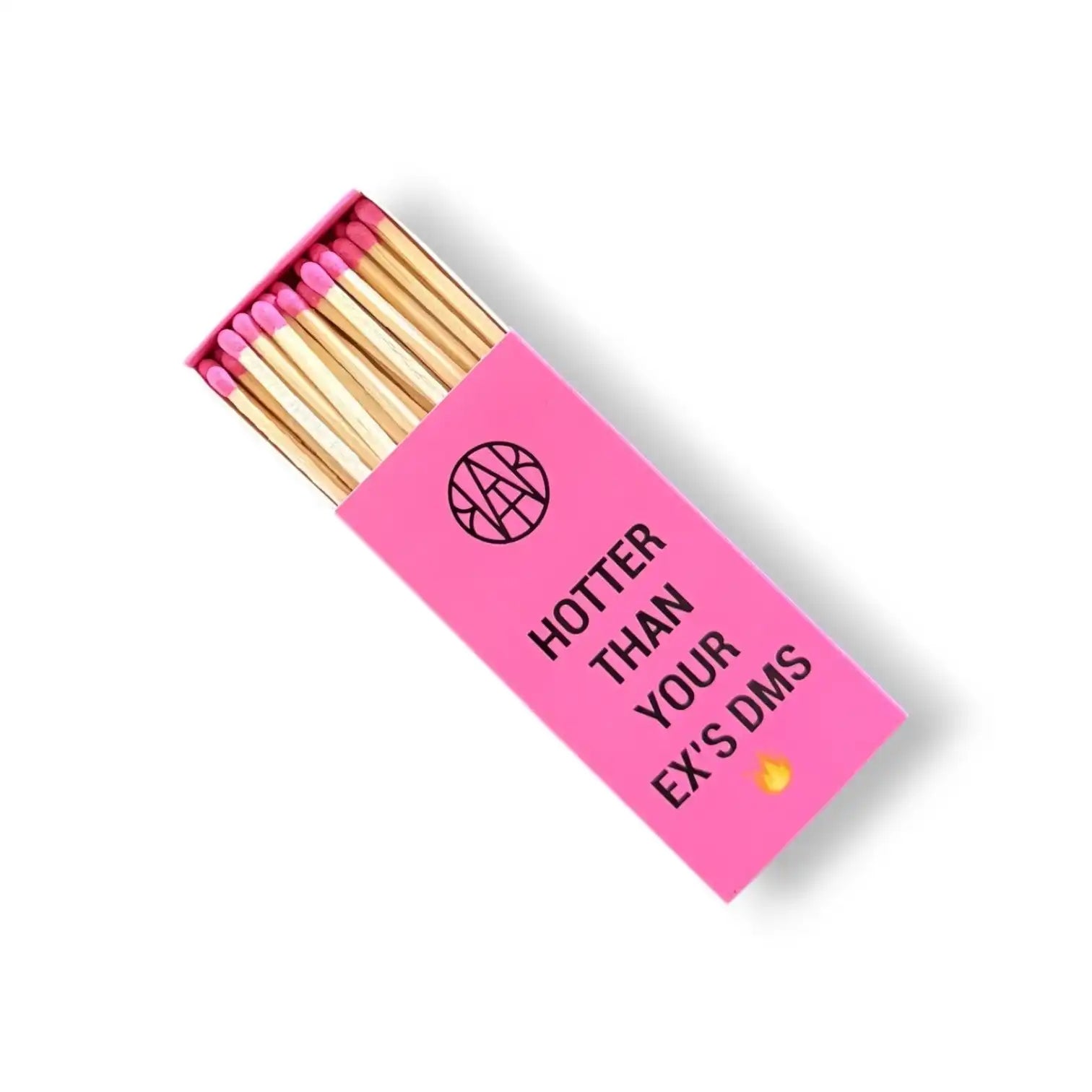 AEMBR pink matchbox with pink-tipped matches, text 'Hotter Than Your Ex's DMs' on box.