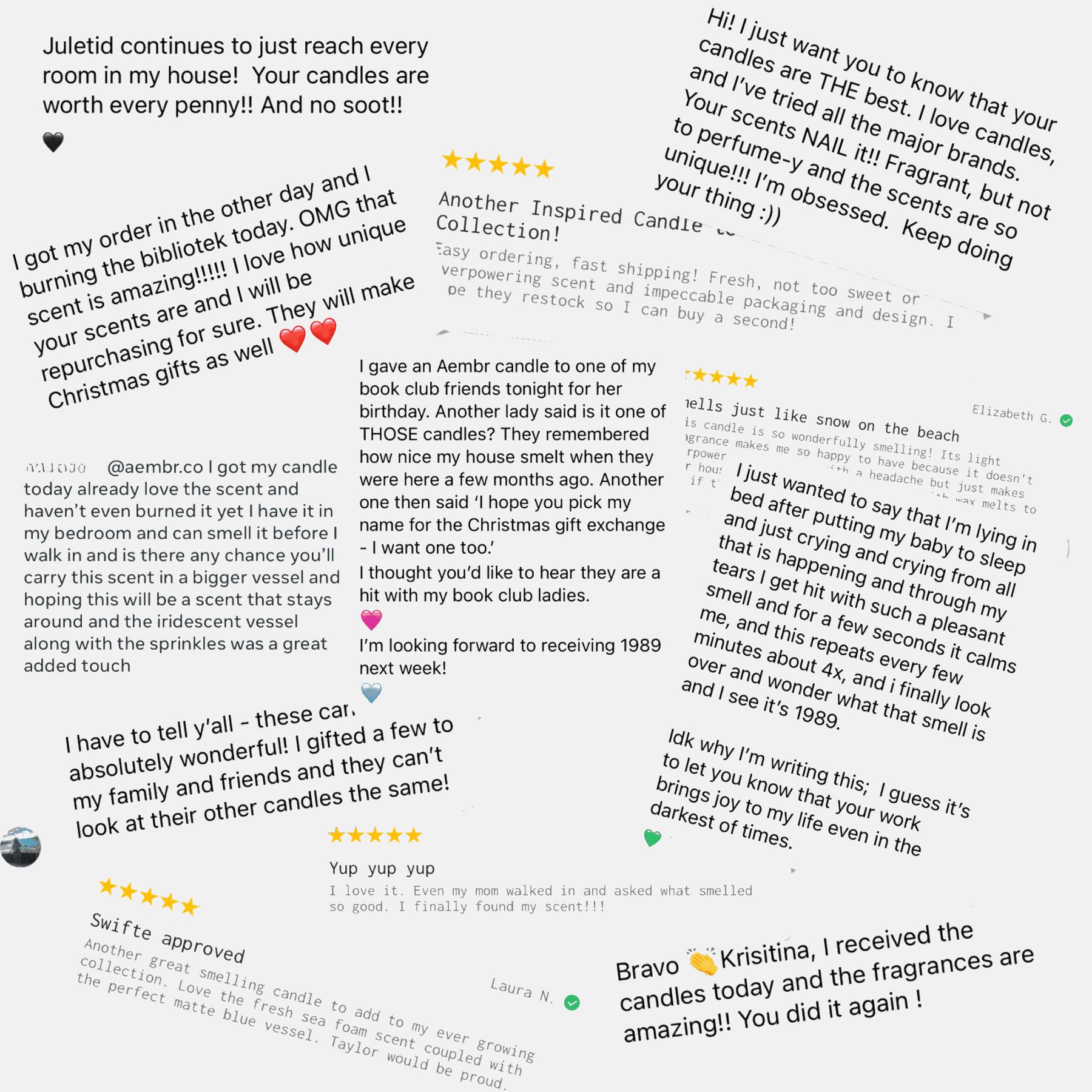 Customer testimonials for non-toxic candles, featuring positive reviews, star ratings, and candle scent feedback.