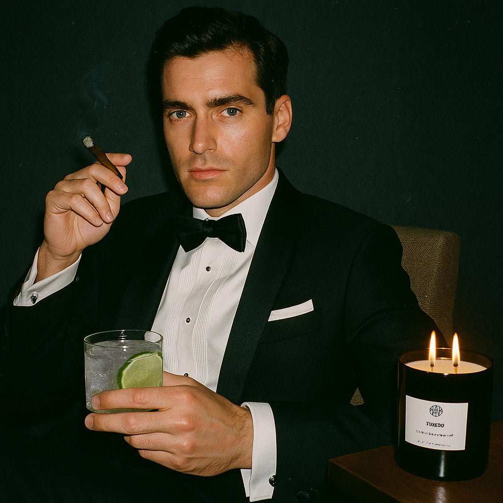 Man in tuxedo with cocktail and cigar beside AEMBR TUXEDO candle on table