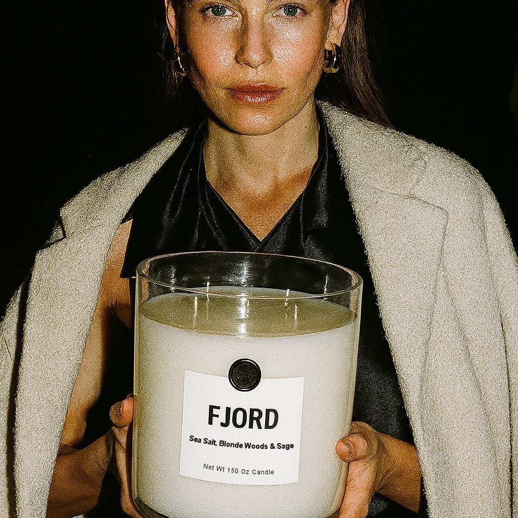 Woman holding large AEMBR FJORD candle with sea salt, blonde woods, and sage label