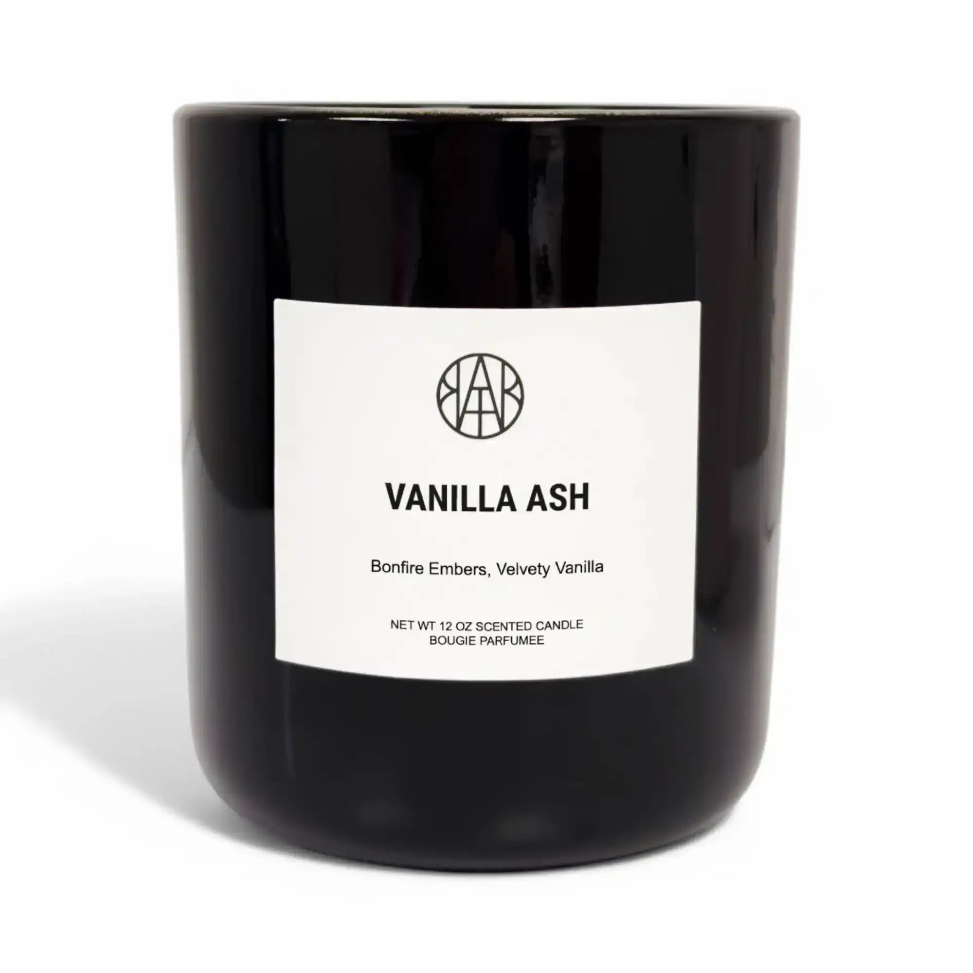 AEMBR Vanilla Ash scented candle in black glass jar with white label, home fragrance.