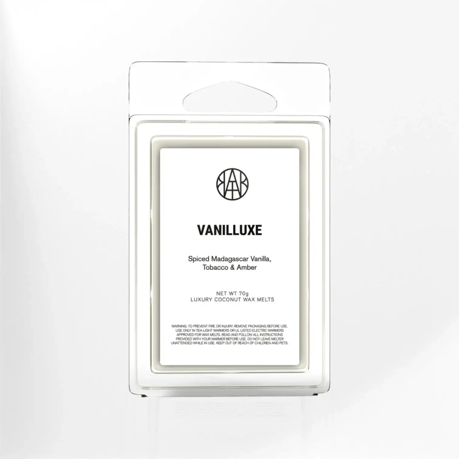 AEMBR Vanilluxe coconut wax melt in clear packaging with vanilla, tobacco, and amber scent label.