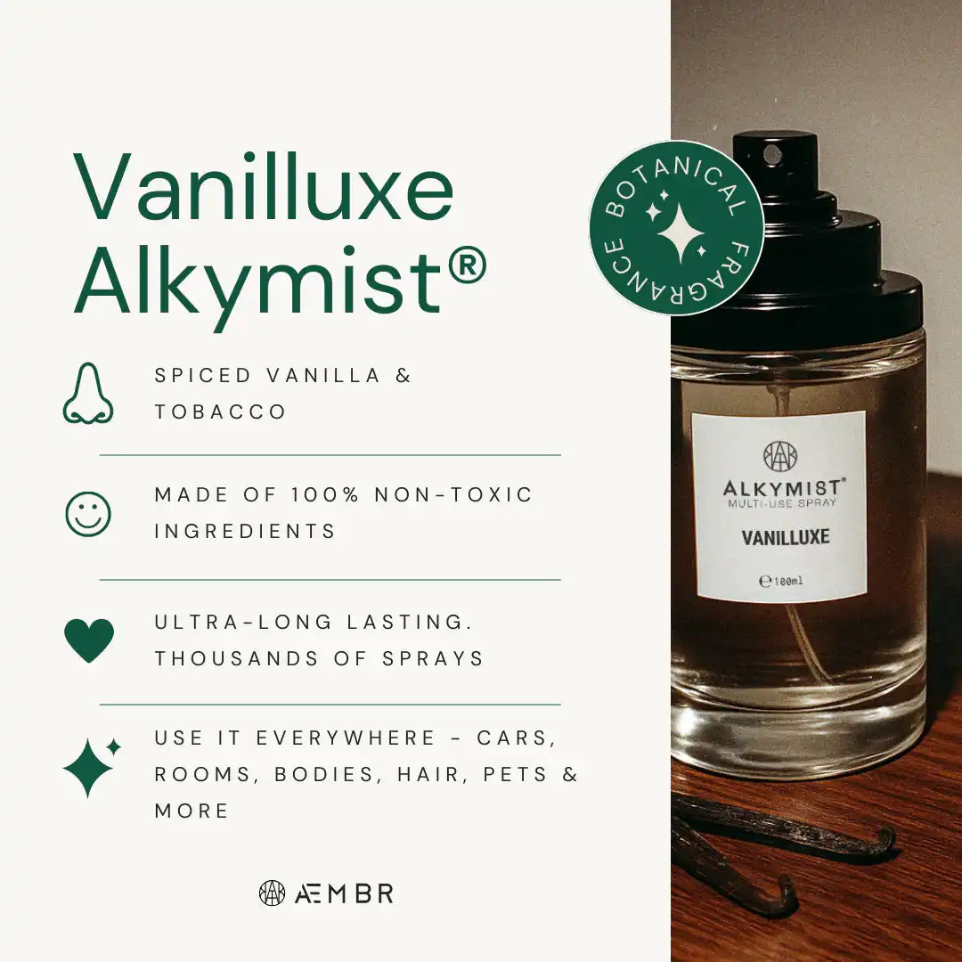 AEMBR Vanilluxe Alkymist non-toxic multi-use spray with vanilla scent, bottle on table