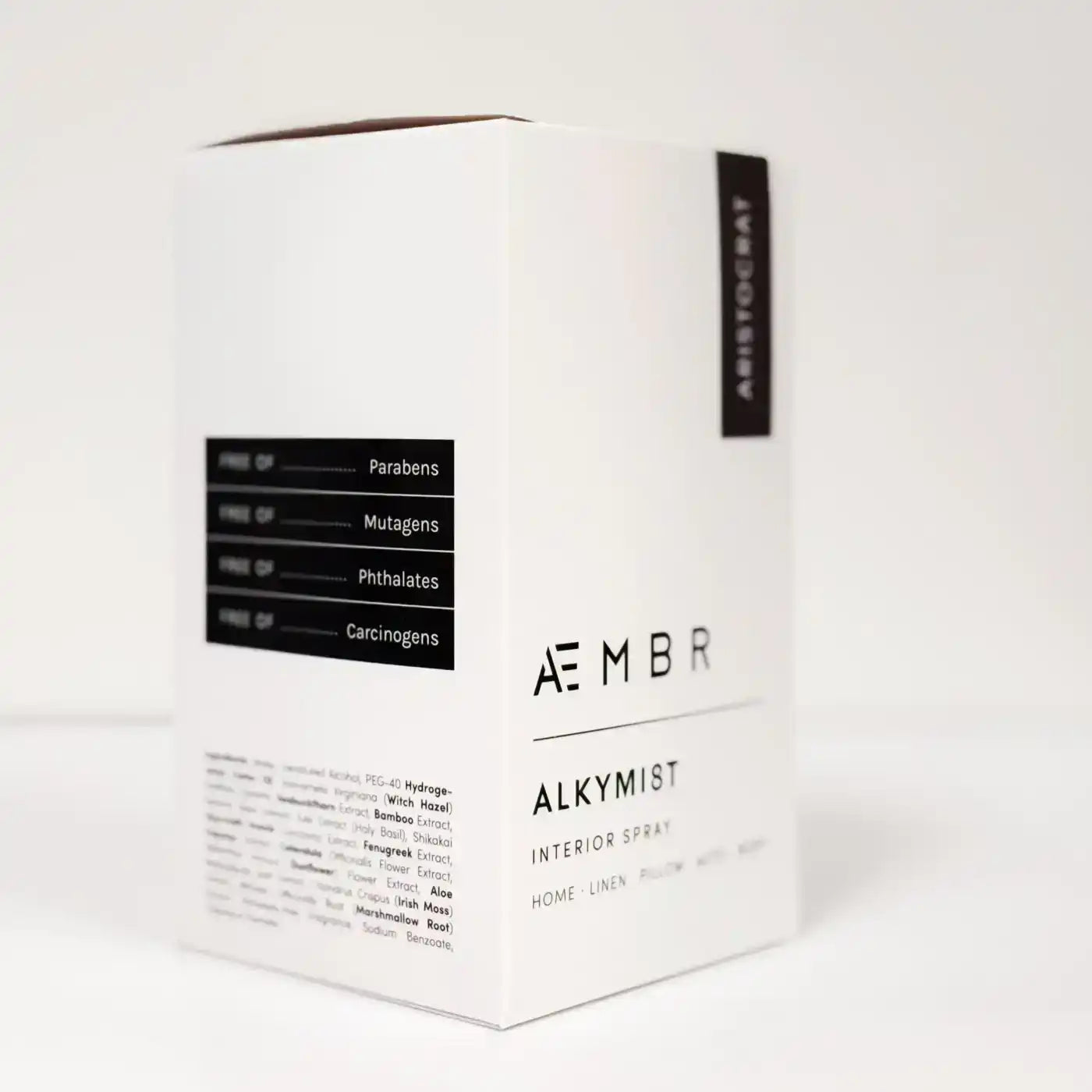 White box of non-toxic interior spray with bold text highlighting free of parabens, phthalates, mutagens, carcinogens.